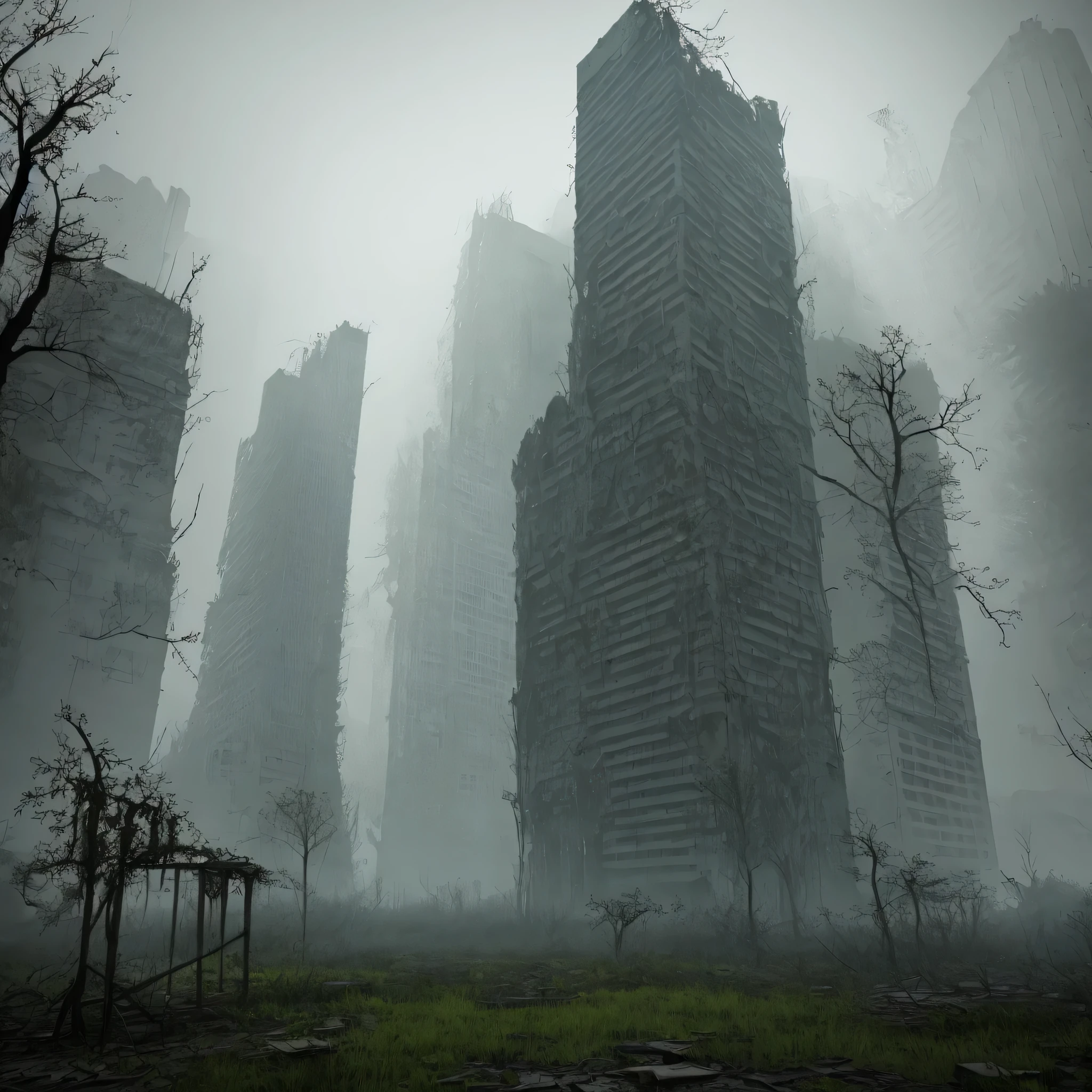Abandoned skyscrapers and ruins taken over by nature and ghosts in a city long forgotten and decaying, create an eerie and unsettling atmosphere with an emphasis on creepers and decay.