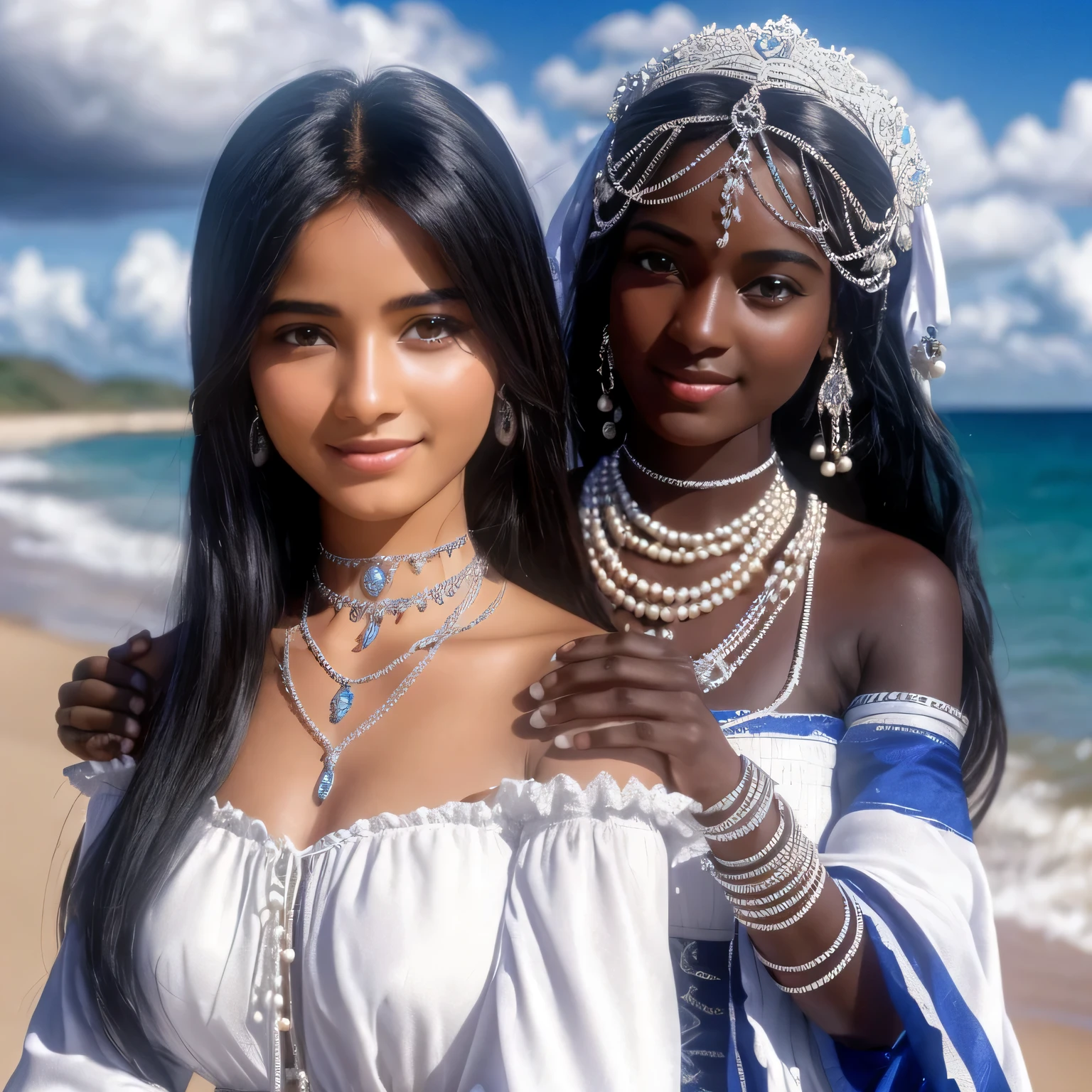 Uma linda garota de cabelos negros, vestido de branco, olhando para o espectador, Em uma bela praia. Behind her, Iemanjá appears as a woman with dark skin and long, Cabelo escuro, vestido de azul e branco, with silver and pearl jewelry. She smiles gently and places her hands on the girl's shoulders., como um protetor. The image is ultra-realistic and in 4k photo quality.