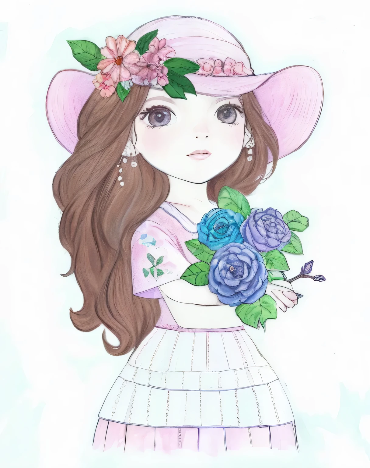 a drawing of a girl in a hat com flores on her head, colorido em, full desenho colorido, Aquarela e caneta, desenho colorido, Aquarela, desenho colorido, desenho colorido, com flores, pintura colorida em aquarela, garota em flores, colored pencil drawing, retrato caprichoso, inspirado em Hirosada II, a colored pencil drawing, watercolor pencil + desenho a tinta