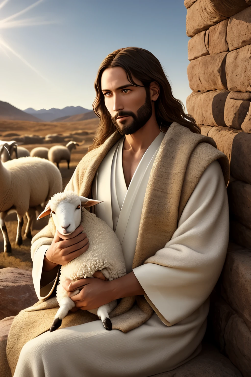 A realistic and photographic image of Jesus Christ in the desert, with a sheep sitting calmly on his lap. In high definition, every detail is intricately depicted. The sun-kissed desert background provides a warm, rustic feel, with the contrast between Jesus' divine features and the rough, textured sheep enhancing the image's depth and atmosphere. Jesus, dressed in traditional robes, displays an expression of peace and tranquility as he holds the sheep close. The sheep's wool is hyper-detailed, each individual fiber visible in the Ultra-HD textures, while the natural, lifelike colors add authenticity to the scene. The dramatic lighting, with rays of sunlight peering