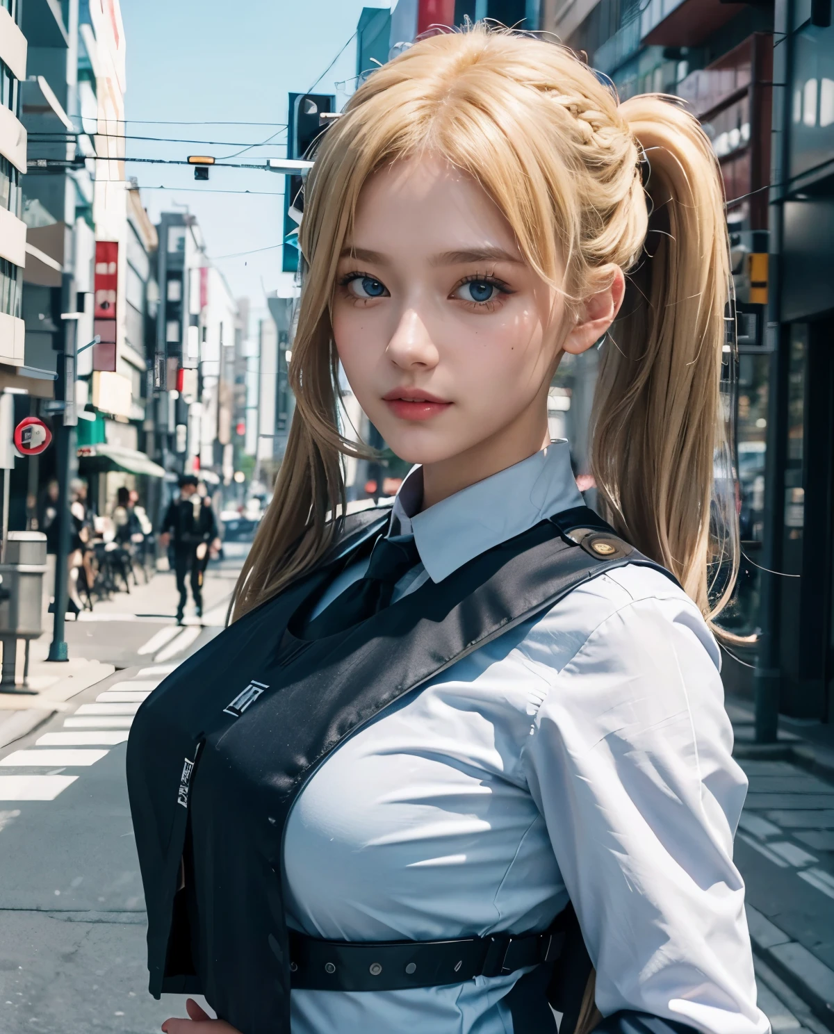 1girl, (Blue Eyes), smiling, (police uniform :1.2), (bulletproof vest :1.2), (Sana Minatozaki), wide hips, Big , big ass, (Best Quality, 8k, Masterpiece: 1.3), Clear Focus: 1.2, Perfect Body Beauty: 1.4, Highly detailed face and skin texture, detailed eyes, double eyelids, (blonde long twintails :1.2), standing, dynamic pose, in a busy neighborhood of tokyo