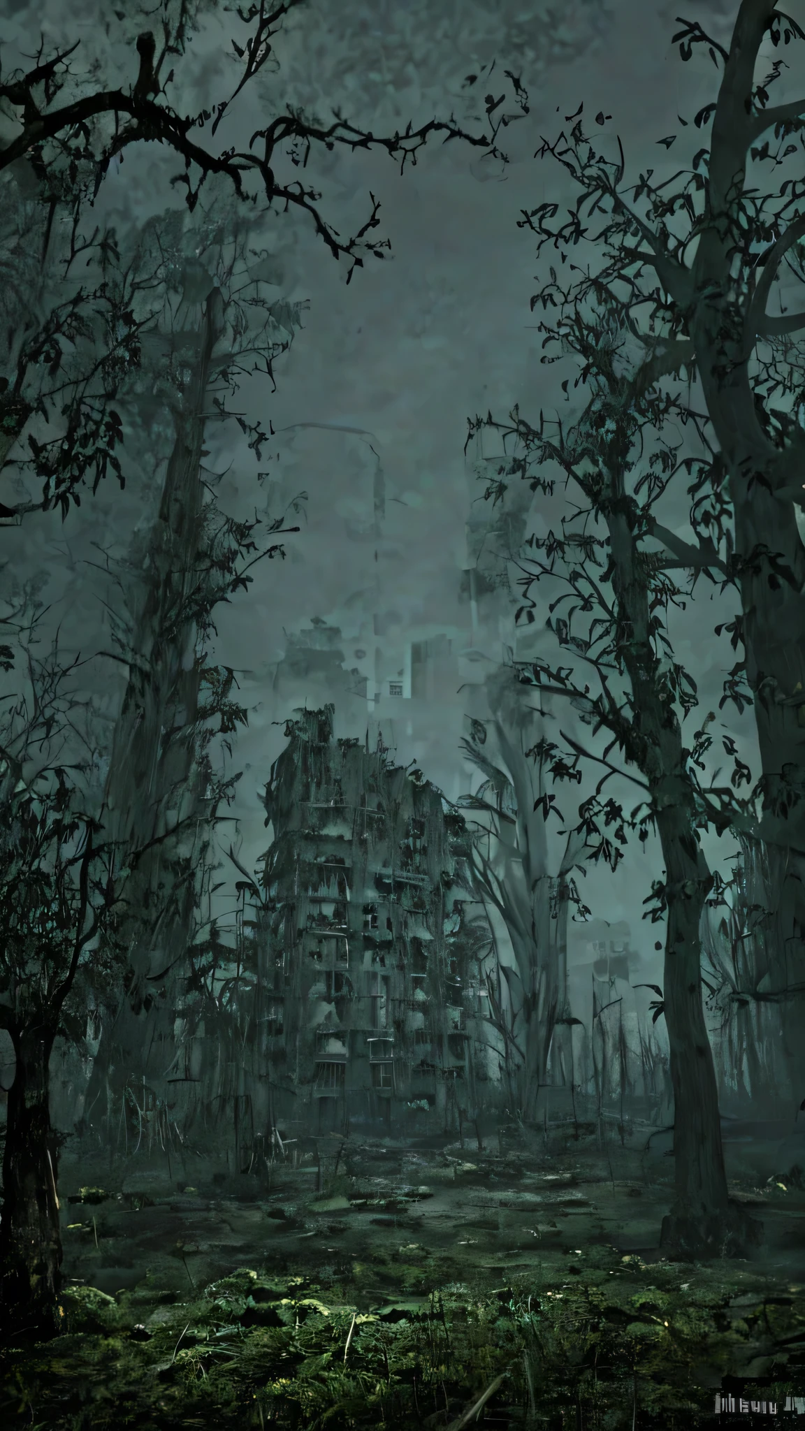 Abandoned skyscrapers and ruins taken over by nature and ghosts in a city long forgotten and decaying, create an eerie and unsettling atmosphere with an emphasis on creepers and decay.