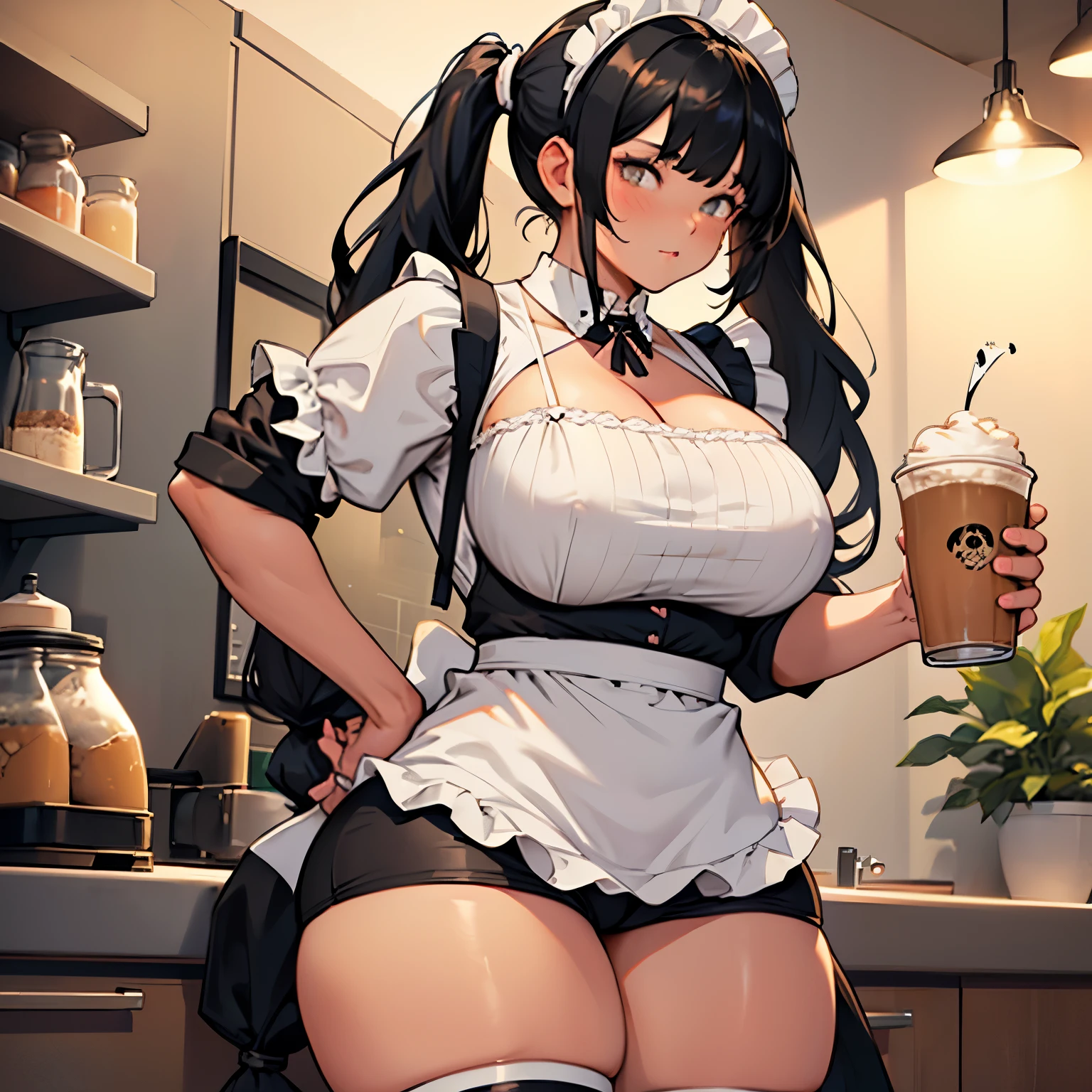 1 girl, black hair, ((hair tied in pigtails)), very long hair, bangs, ((wearing a cute maid outfit)), holding a coffee, ((short outfit)), ((tight clothing)), (((very thick thighs))), (((very large breasts)))