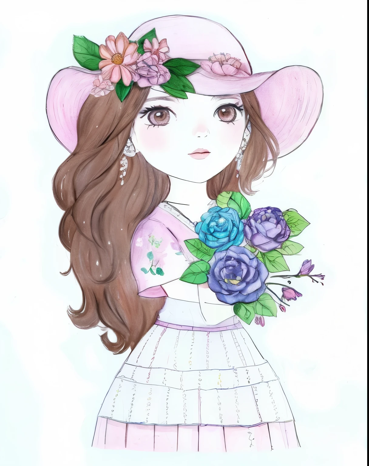 a drawing of a girl in a hat com flores on her head, colorido em, full desenho colorido, Aquarela e caneta, desenho colorido, Aquarela, desenho colorido, desenho colorido, com flores, pintura colorida em aquarela, garota em flores, colored pencil drawing, retrato caprichoso, inspirado em Hirosada II, a colored pencil drawing, watercolor pencil + desenho a tinta