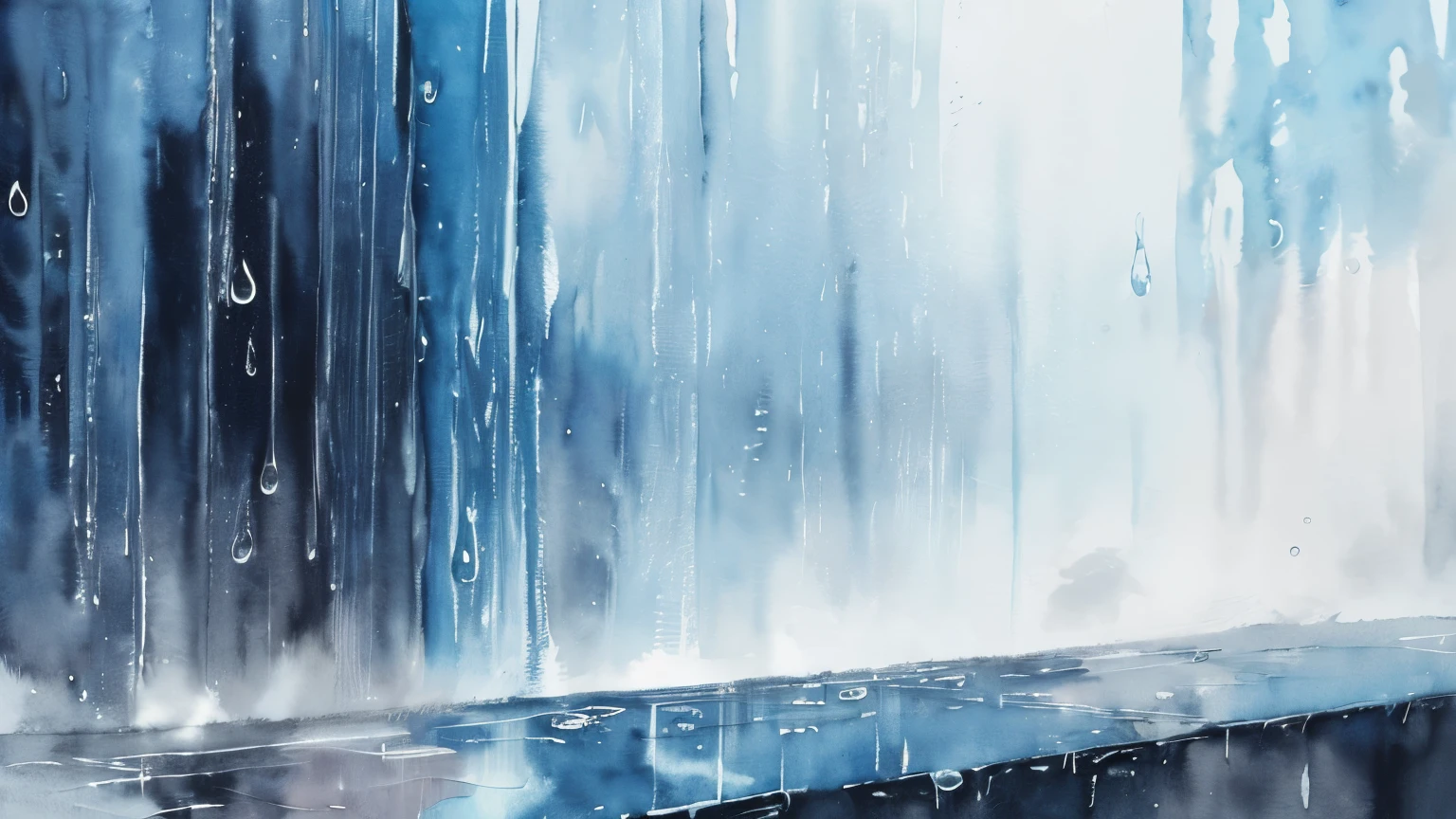 ((masutepiece)), (abstract art:1.5), (High Definition), Best Quality, (watercolor painting:1.3), pale blue, wide shot, (cold atmosphere), (raindrops), drop of water, Rain, (simple white background:1.10), cityscape,