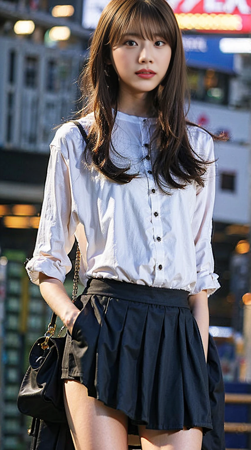 masterpiece, great work, whole body, 1 girl,  mini skirt, blush, bracelet, beautiful breasts, , gradient hair, long hair, looking at the audience, loose earrings, checked skirt, red eyes, ring, smile, alone,  fashion, woman, vitality,  take a pose, front, colorful,concentrated、whole body画像(1:5）、thin legs、Are standing、put your hands on your hips、idol costume、boots、whole body画像、Chest emphasis、pink costume、stand with legs apart