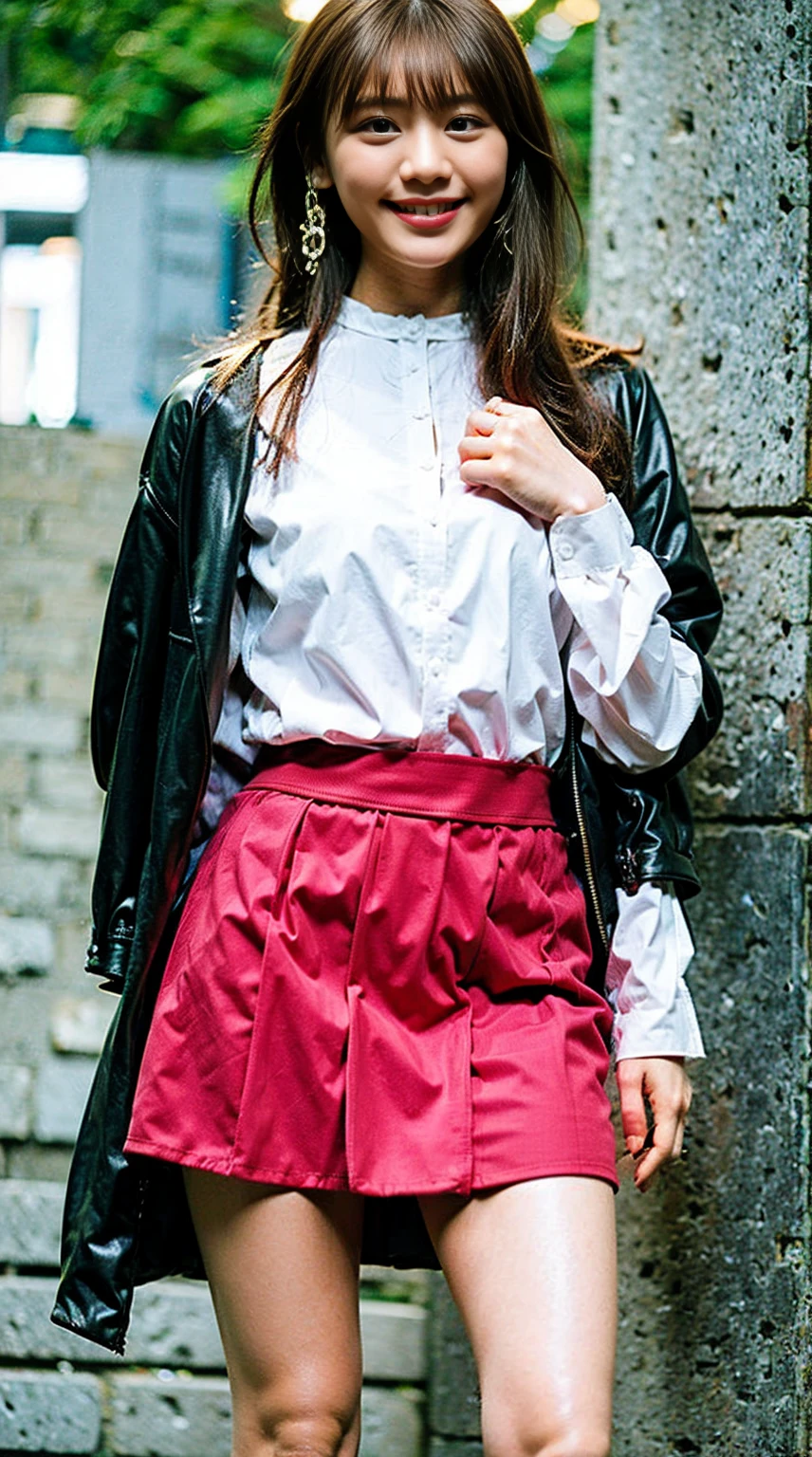 masterpiece, great work, whole body, 1 girl,  mini skirt, blush, bracelet, beautiful breasts, , gradient hair, long hair, looking at the audience, loose earrings, checked skirt, red eyes, ring, smile, alone,  fashion, woman, vitality,  take a pose, front, colorful,concentrated、whole body画像(1:5）、thin legs、Are standing、put your hands on your hips、idol costume、boots、whole body画像、Chest emphasis、pink costume、stand with legs apart