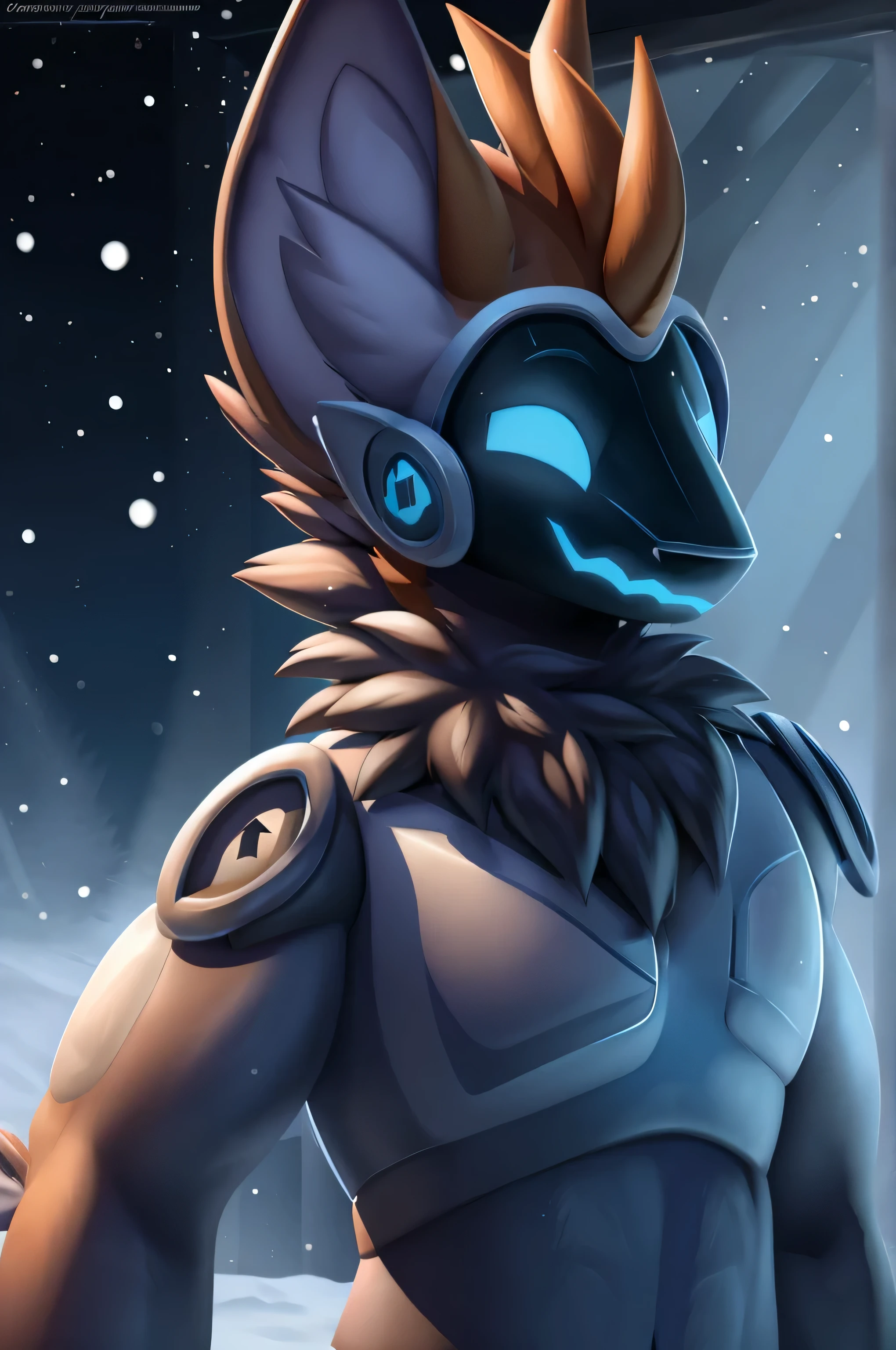 perfect lighting, light particles, (Best quality), (masterpiece), (ultra detailed), Sharp Focus, light particles, snow, snowing, TailsNine, protogen