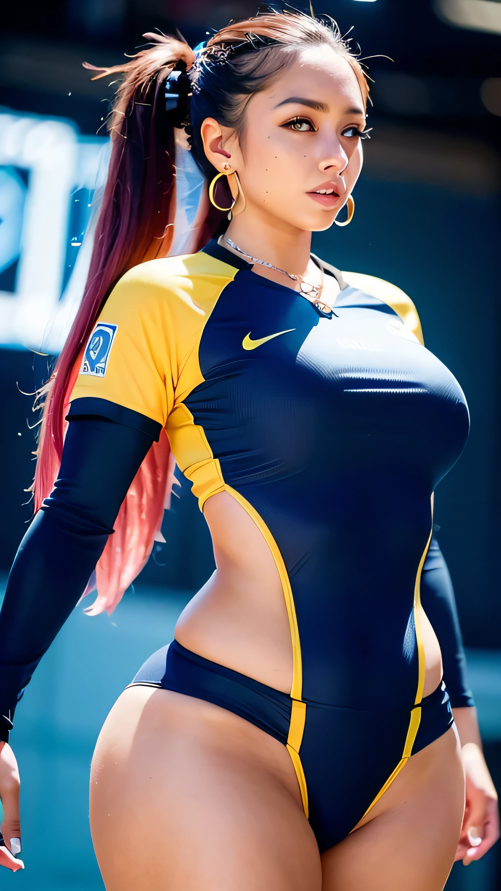 1girl, long hair, ponytail, barcelona football kit, earrings, jewelry, big breasts, (curvy), professional make-up, necklace, football stadium vacation, (cyberpunk), colorful, dynamic light, dynamic angle