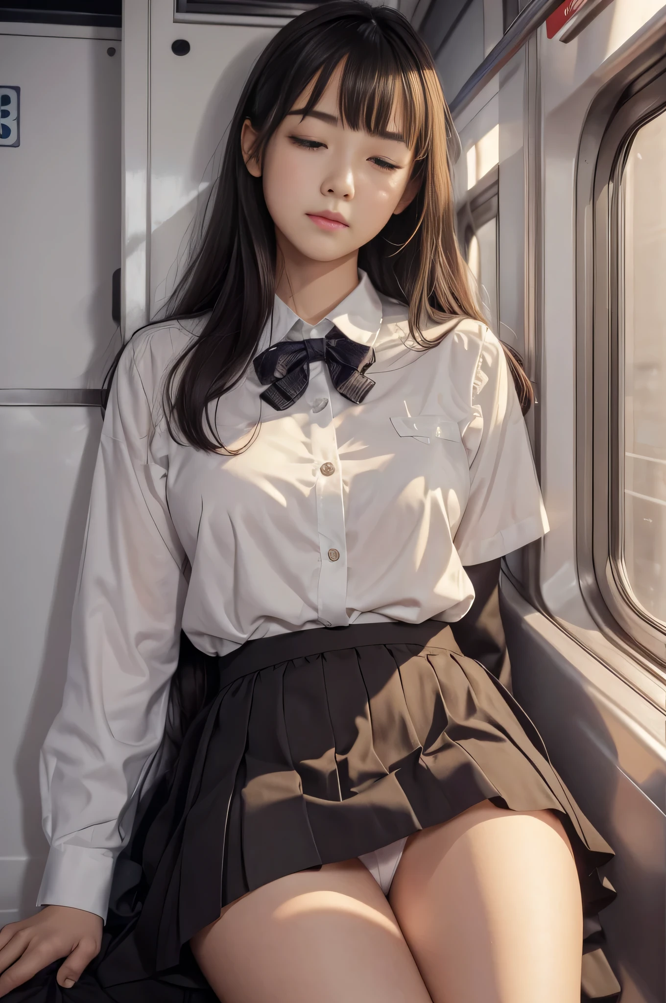 (realistic:1.3), face with shadow, written boundary depth, school uniform, 
beautiful detailed me,great art,(((very detailed))),
1 girl sitting,bangs,high school girl,sleep,close your eyes,{white panties:camel toe},{Minskirt},
cowboy shot,from before
,(((very detailed))),in the train, a young woman is sleep contentedly. Through the gap between her legs and skirt, I can see her panties. Because the car is shaking, Calm facial expressions and gentle breathing create a calm atmosphere..
,(((very detailed)))