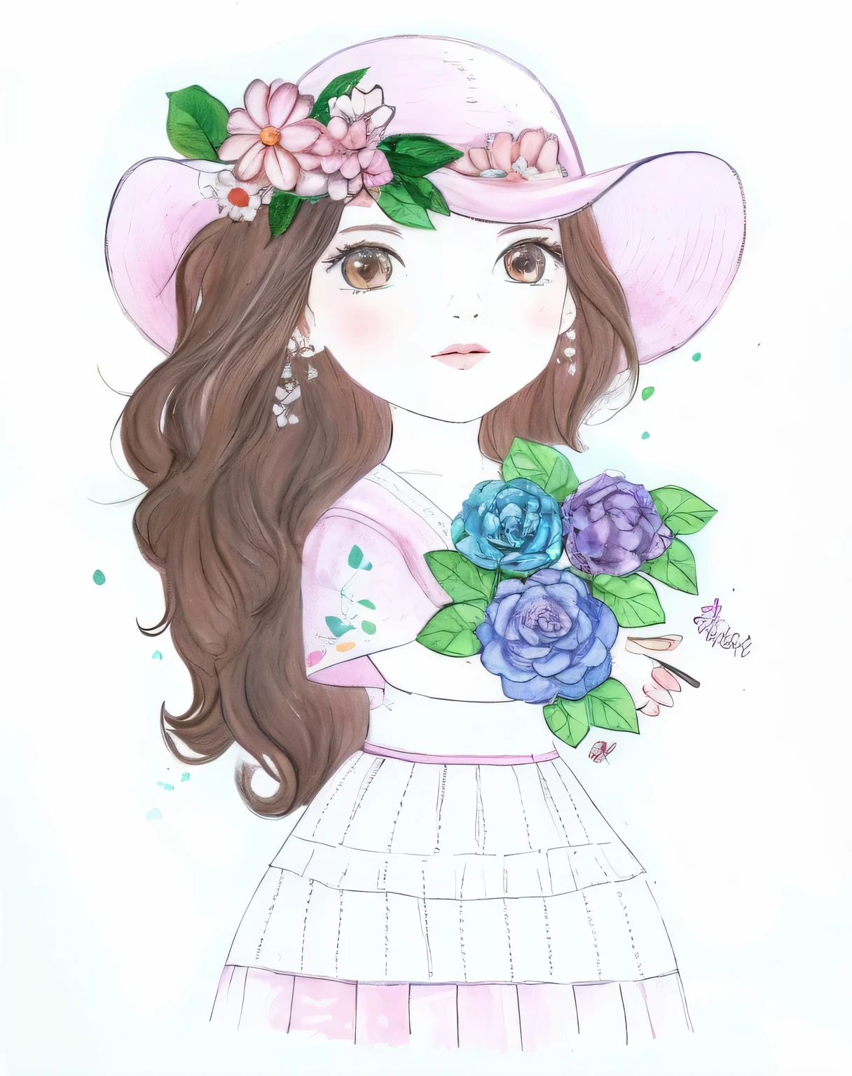 a drawing of a girl in a hat com flores on her head, colorido em, full desenho colorido, Aquarela e caneta, desenho colorido, Aquarela, desenho colorido, desenho colorido, com flores, pintura colorida em aquarela, garota em flores, colored pencil drawing, retrato caprichoso, inspirado em Hirosada II, a colored pencil drawing, watercolor pencil + desenho a tinta