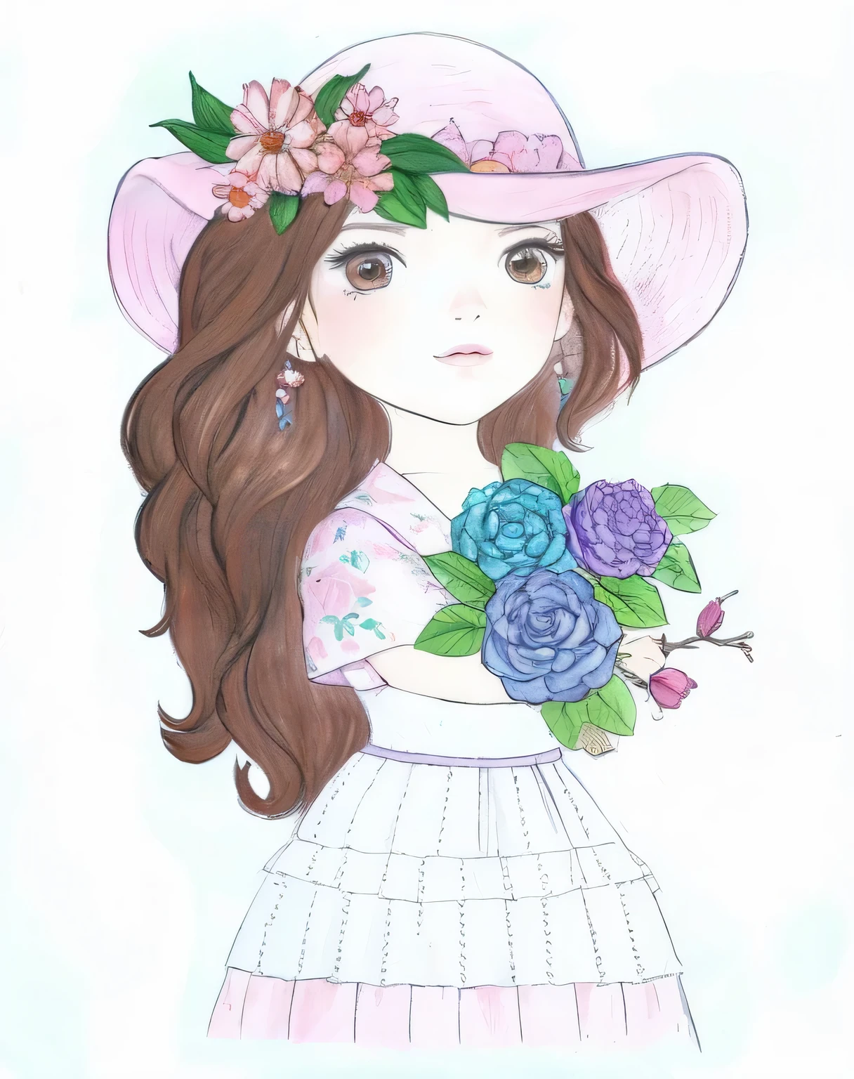 a drawing of a girl in a hat com flores on her head, colorido em, full desenho colorido, Aquarela e caneta, desenho colorido, Aquarela, desenho colorido, desenho colorido, com flores, pintura colorida em aquarela, garota em flores, colored pencil drawing, retrato caprichoso, inspirado em Hirosada II, a colored pencil drawing, watercolor pencil + desenho a tinta