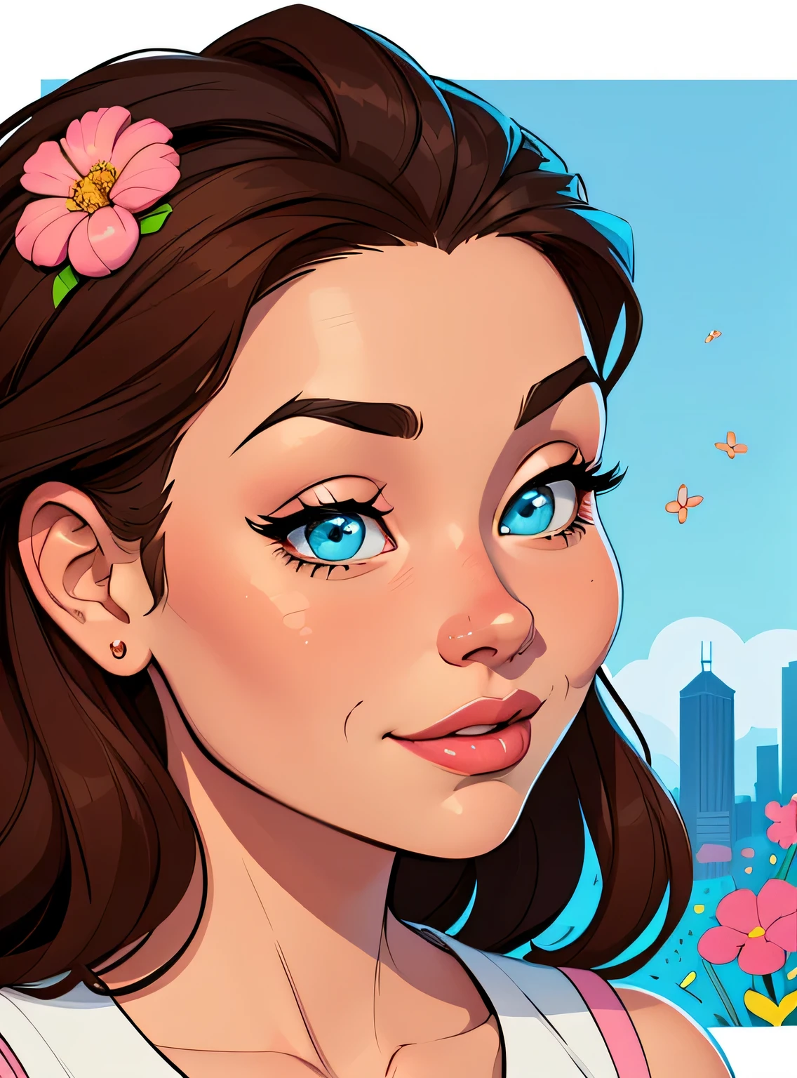 (estilo de desenho animado:1.2), Imagem de desenho animado de uma mulher com grandes cabelos castanhos cercada por flores, garota funky super fofa, cartoon style illustration, estilo de arte dos desenhos animados, estilo de arte dos desenhos animados, digital illustration style, design de personagens altamente detalhado, arte digital detalhada fofa, City Girl Fan Art, design de personagem retrato, beautiful digital illustration, retrato de alta qualidade, arte em quadrinhos, retrato do design do personagem, fundo azul
