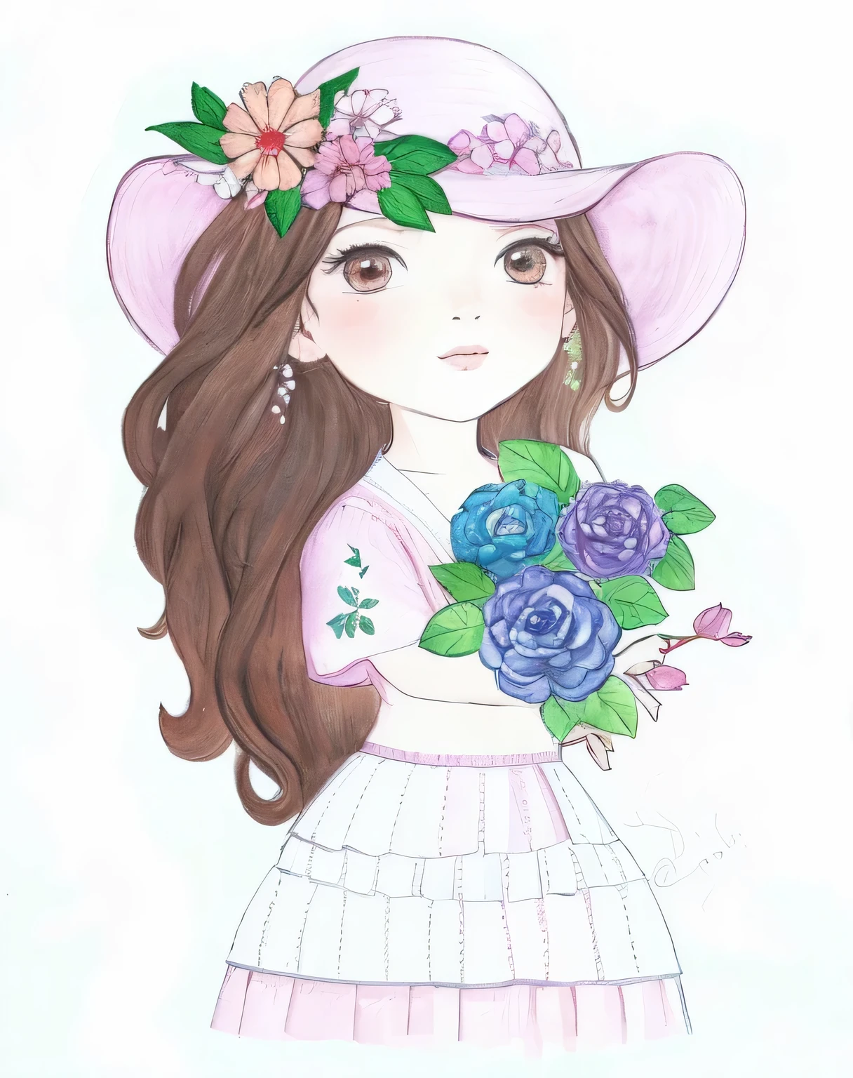a drawing of a girl in a hat com flores on her head, colorido em, full desenho colorido, Aquarela e caneta, desenho colorido, Aquarela, desenho colorido, desenho colorido, com flores, pintura colorida em aquarela, garota em flores, colored pencil drawing, retrato caprichoso, inspirado em Hirosada II, a colored pencil drawing, watercolor pencil + desenho a tinta