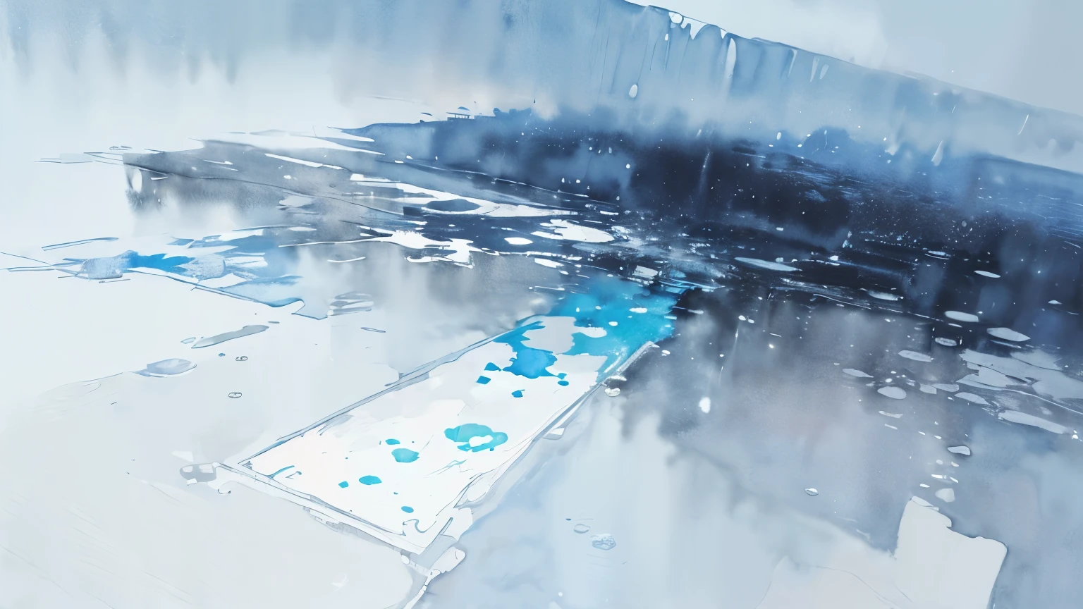 ((masutepiece)), (abstract art:1.5), (High Definition), from above, Best Quality, (watercolor painting:1.3), pale blue, wide shot, (cold atmosphere), (raindrops), drop of water, Rain, (simple white background:1.10), cityscape,