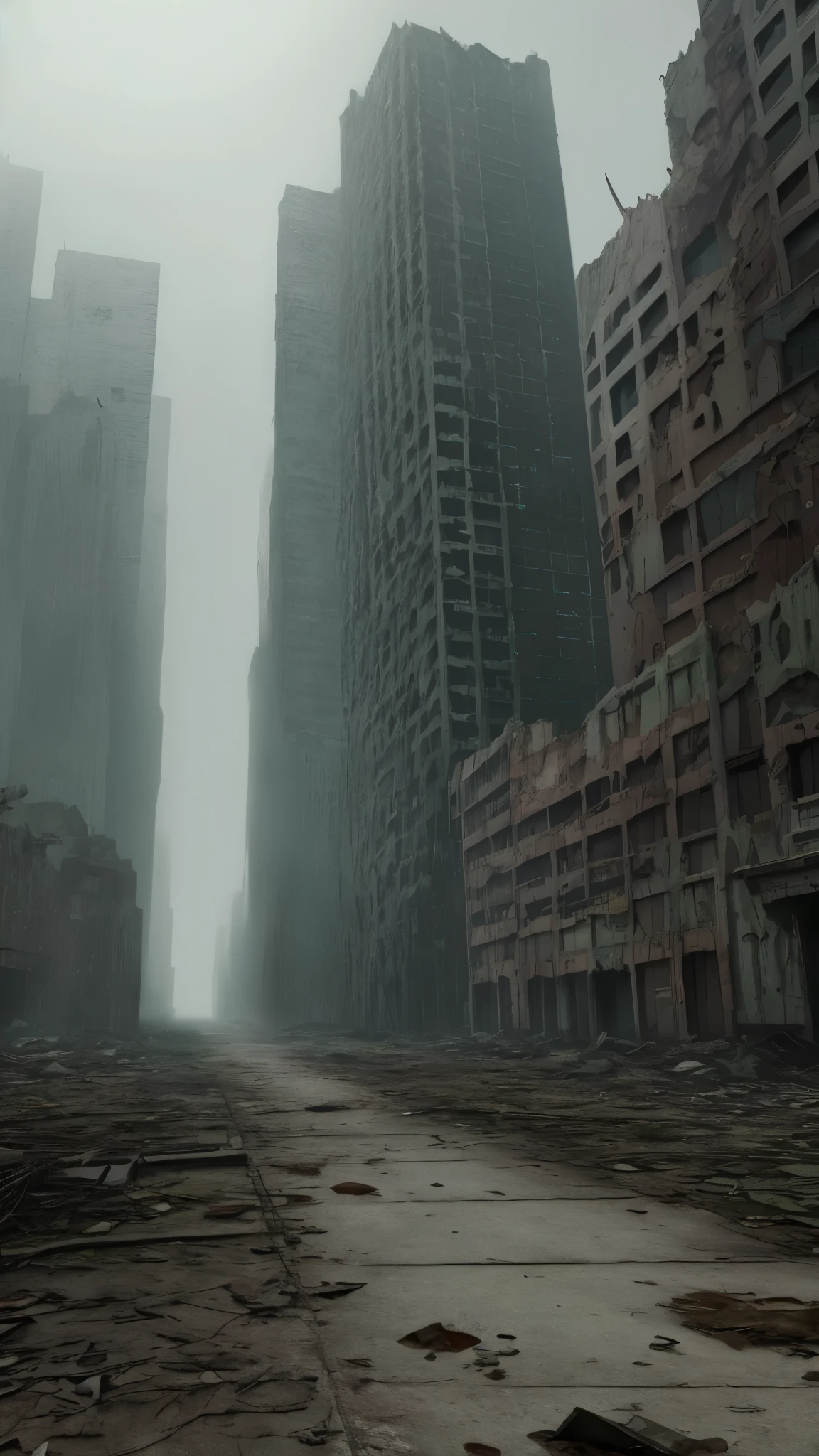 Abandoned skyscrapers and ruins taken over by nature and ghosts in a city long forgotten and decaying, create an eerie and unsettling atmosphere with an emphasis on creepers and decay.