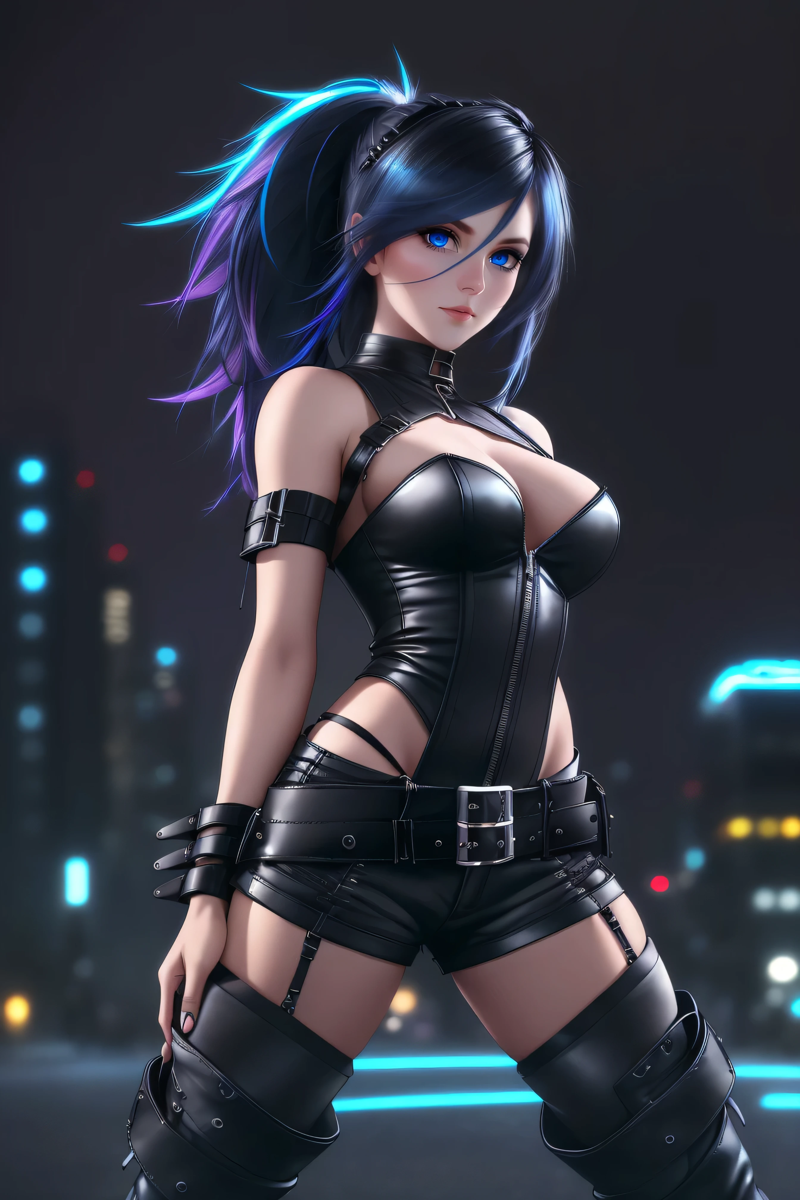 beautiful girl, standing, short bright blue neon streaked dishevelled hair, ((realistic highly detailed eyes:1.4)), ((seductive pose:1.4)), black eyeshadow, (street style wear:1.2), ((tight fitted short pants)), ((thigh high leather boots:1.3)), (dark city night black background:1.4), dark makeup, digital art, trending on artstation, highly detailed, fine detail, intricate, beautiful detailed glow, detailed, Cinematic light, high-res, detailed facial features, sharp focus, smooth, aesthetic,