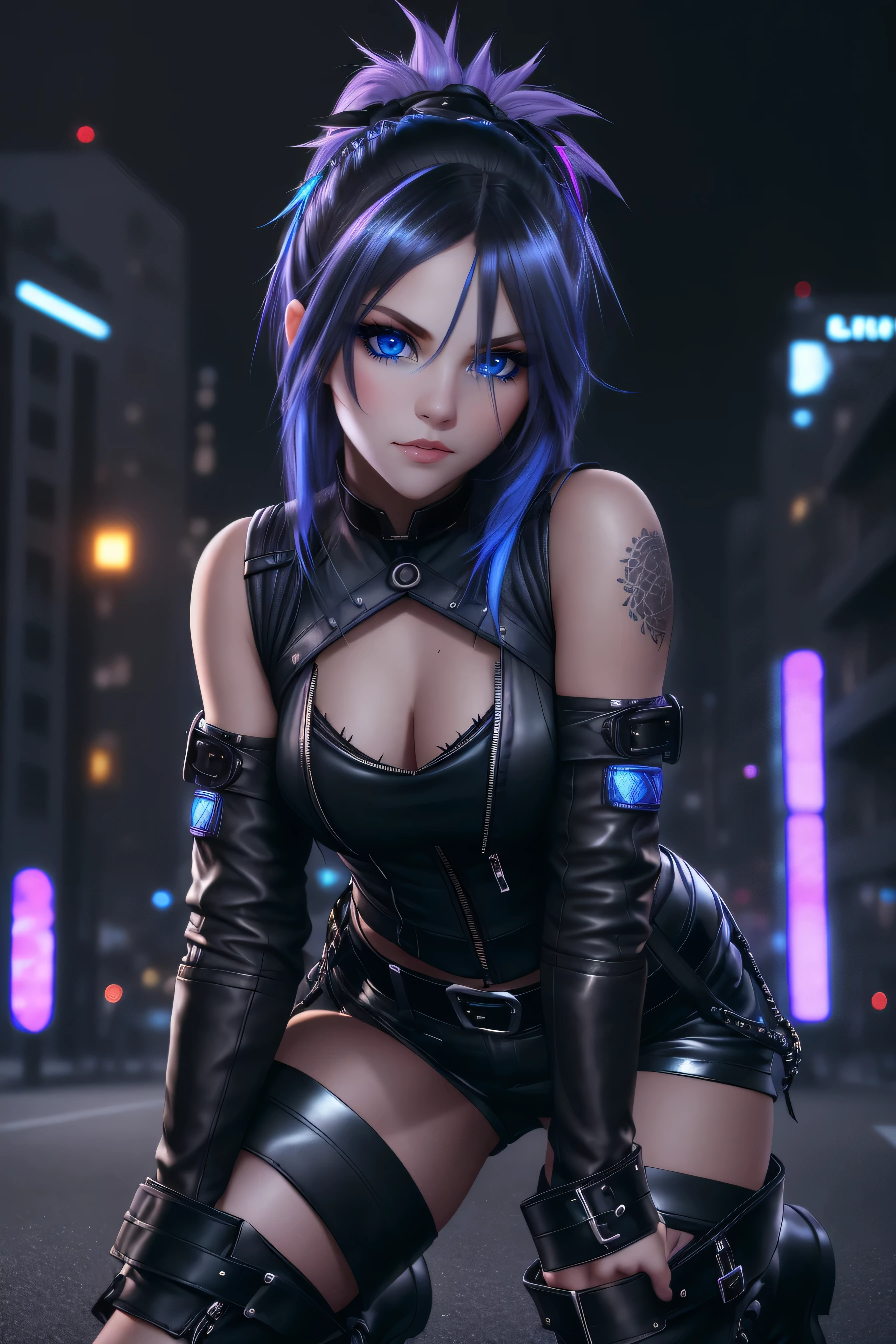 beautiful girl, standing, short bright blue neon streaked dishevelled hair, ((realistic highly detailed eyes:1.4)), ((seductive pose:1.4)), black eyeshadow, (street style wear:1.2), ((tight fitted short pants)), ((thigh high leather boots:1.3)), (dark city night black background:1.4), dark makeup, digital art, trending on artstation, highly detailed, fine detail, intricate, beautiful detailed glow, detailed, Cinematic light, high-res, detailed facial features, sharp focus, smooth, aesthetic,