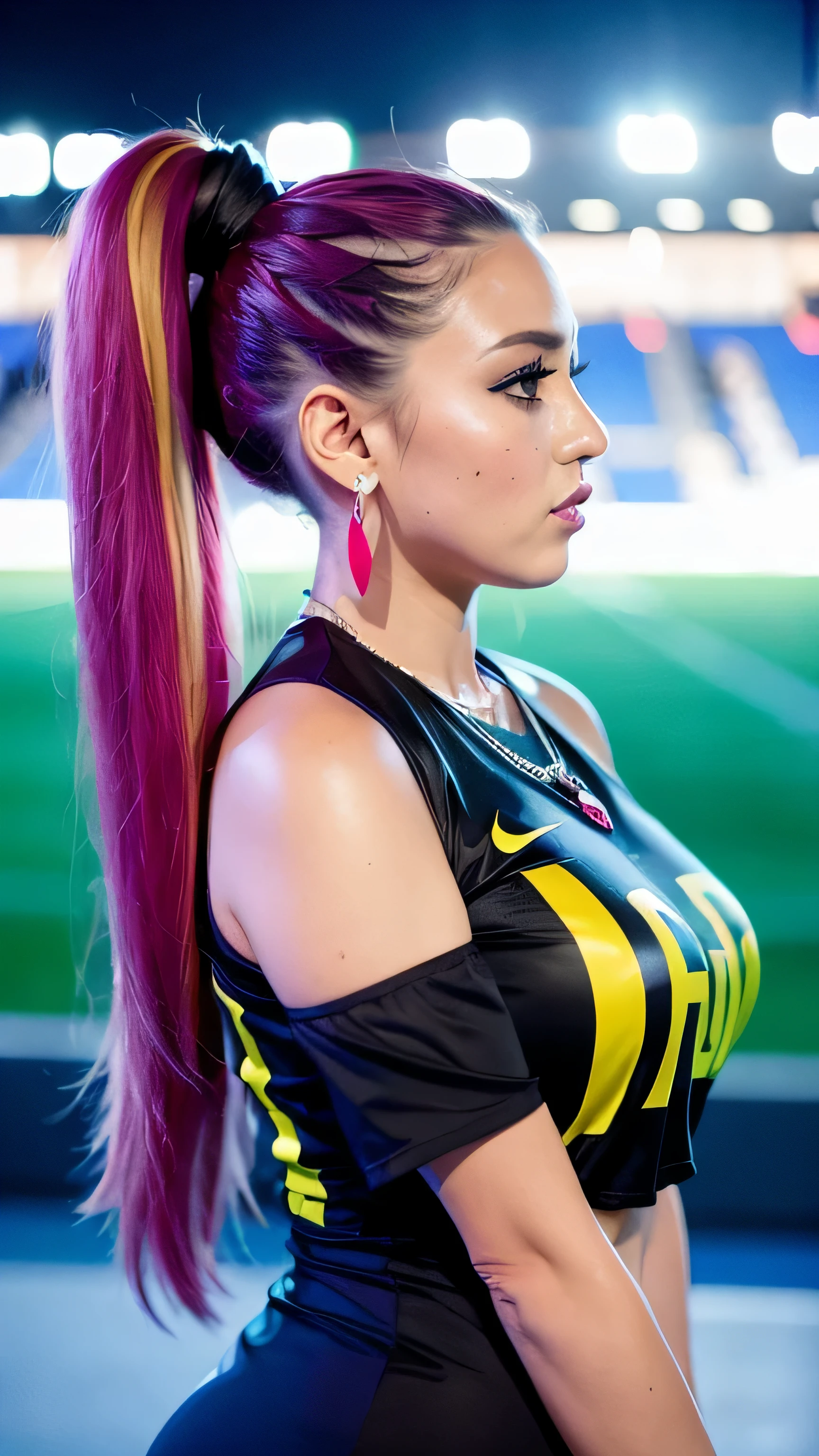 1girl, long hair, ponytail, barcelona football kit, earrings, jewelry, big breasts, (curvy), professional make-up, necklace, football stadium vacation, (cyberpunk), colorful, dynamic light, dynamic angle