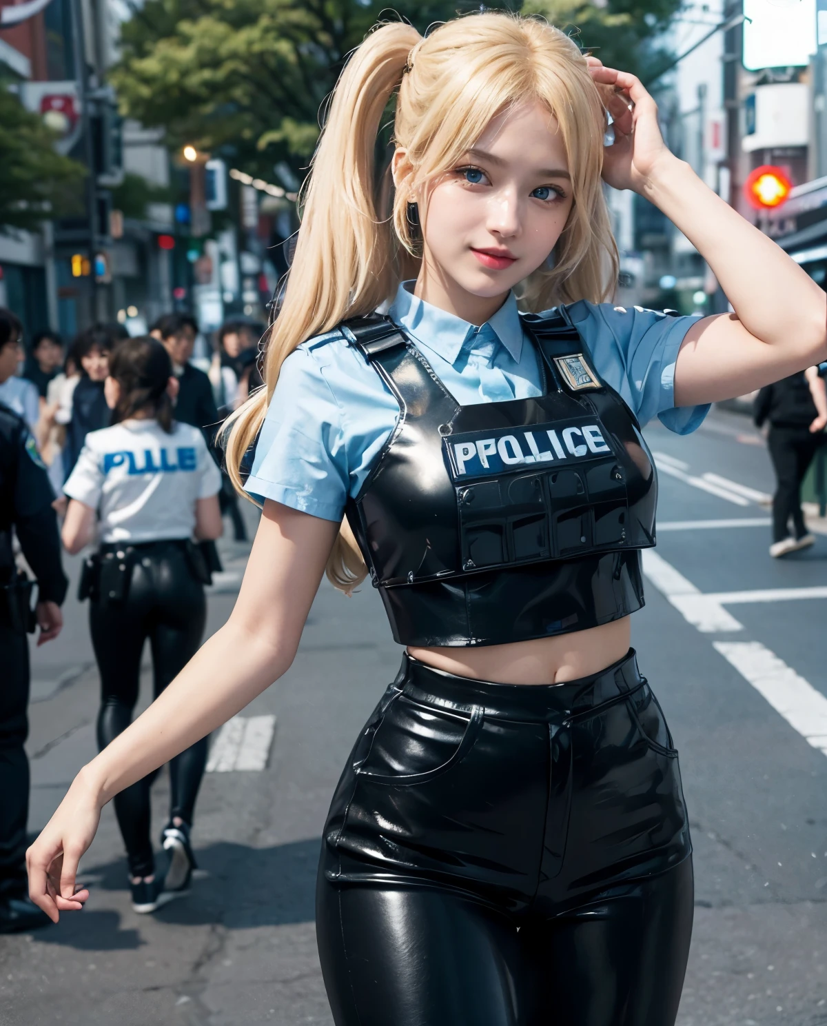 1girl, (Blue Eyes), smiling, (Sana Minatozaki), wide hips, Big , big ass, (Best Quality, 8k, Masterpiece: 1.3), Clear Focus: 1.2, Perfect Body Beauty: 1.4, Highly detailed face and skin texture, detailed eyes, double eyelids, (blonde long twintails :1.2), (police uniform :1.3), light blue shirt, (bulletproof vest :1.2), (black leather pants), standing, dynamic pose, in a busy neighborhood of tokyo
