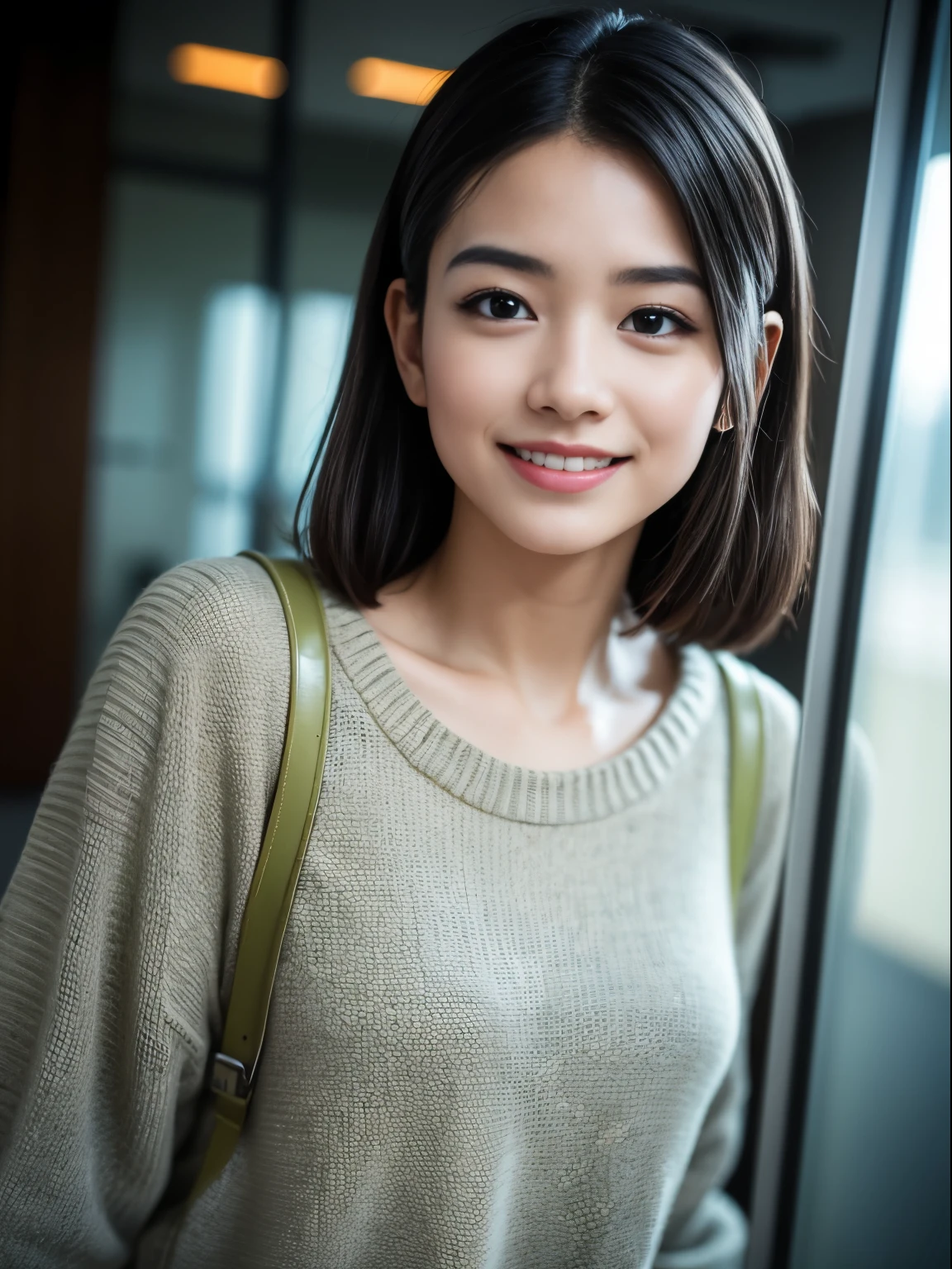 (8K, RAW photo, highest quality, masterpiece:1.3), (realistic, photo-realistic:1.4), (Highly detailed 8K wallpaper), sharp focus, Depth of written boundary,
japanese idol,very cute,(),sweater, Look at us and smile, Upper body, highly detailed face and eyes,((shiny skin:1.2)), cinematic lighting, soft light, blur background, Bokeh,(Office, modern, stylish, glass walls, open space:1.2)