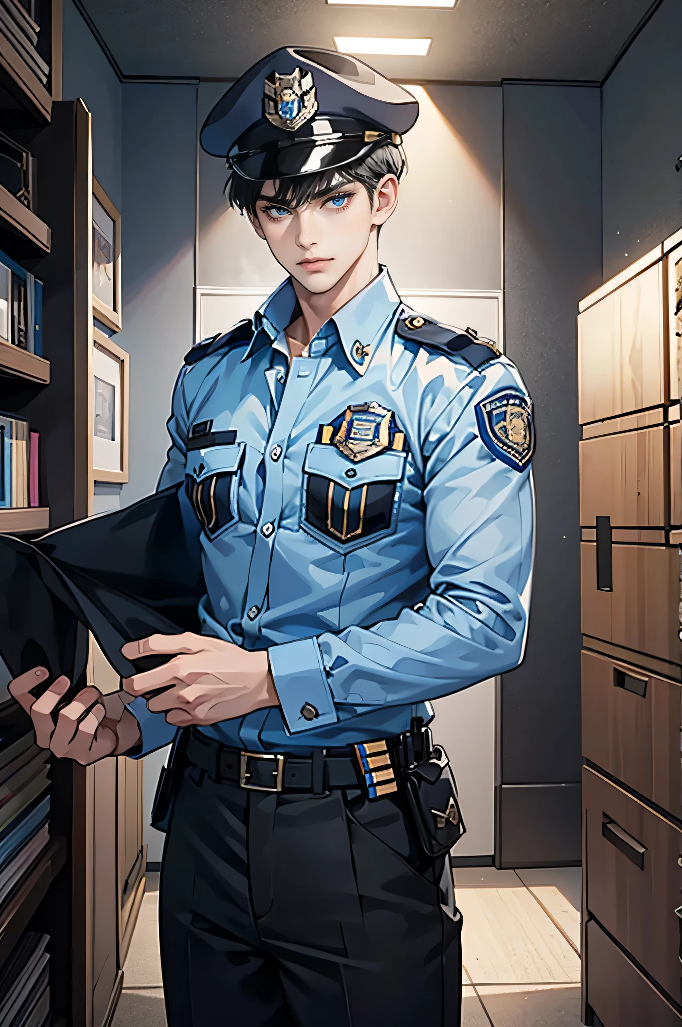 1 boy, Young male, eye looking to camera, Perfect male body, police officers, (Police uniform, Serious expression, Police cap), indoor