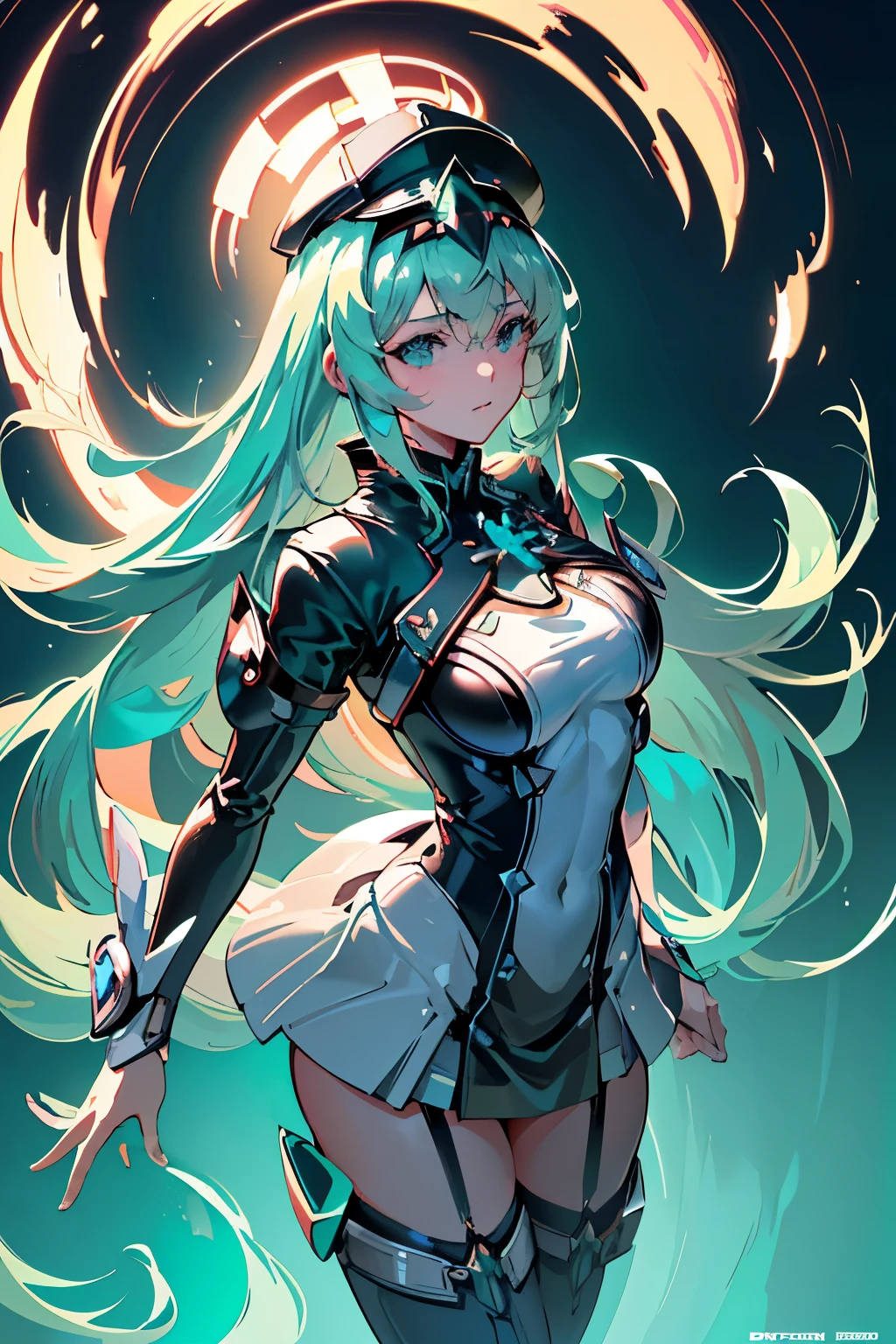 Anime, Girl, (((1girl))), (((Waifu, Xenoblade Chronicles 2, Pneuma Waifu))), (((Seafoam Green Hair, Long Hair))), ((Seafoam Green Eyes eyes:1.3, Upturned Eyes: 1, Perfect Eyes, Beautiful Detailed Eyes, Gradient eyes: 1, Finely Detailed Beautiful Eyes: 1, Symmetrical Eyes: 1, Big Highlight On Eyes: 1.2)), (((Lustrous Skin: 1.5, Bright Skin: 1.5, Skin Fair, Shiny Skin, Very Shiny Skin, Shiny Body, Plastic Glitter Skin, Exaggerated Shiny Skin, Illuminated Skin))), (Detailed Body, (Detailed Face)), Young, Idol Pose, (Best Quality), Techwear, (((Military Uniform))), (((Military Cap))), (((Military Coat))), (((Thigh-high Heeled Boots))), High Resolution, Sharp Focus, Ultra Detailed, Extremely Detailed, Extremely High Quality Artwork, (Realistic, Photorealistic: 1.37), 8k_Wallpaper, (Extremely Detailed CG 8k), (Very Fine 8K CG), ((Hyper Super Ultra Detailed Perfect Piece)), (((Flawlessmasterpiece))), Illustration, Vibrant Colors, (Intricate), High Contrast, Selective Lighting, Double Exposure, HDR (High Dynamic Range), Post-processing, Background Blur