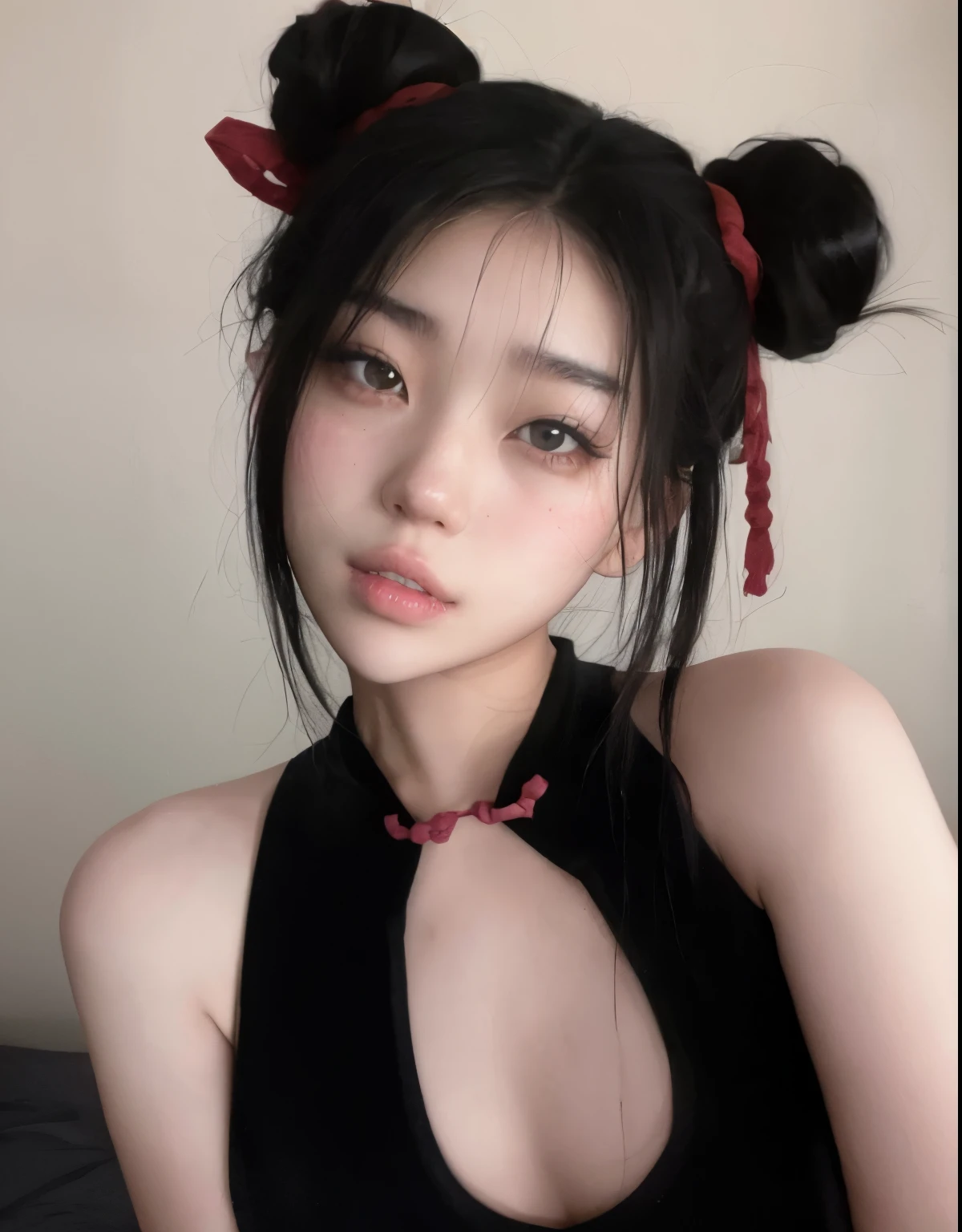 Un primer plano de una mujer con una blusa negra y una pajarita roja, con cola de cerdo negra, cruel korean gothic girl,  coreano, asian girl, Mulher sul-coreano bonita, asian features, ulzzang, Beautiful asian girl, Corte de pelo Hime negro, Chinese girl, diosa japonesa,  anime en la vida real, pale korean adorable face, Young cute pale asian face