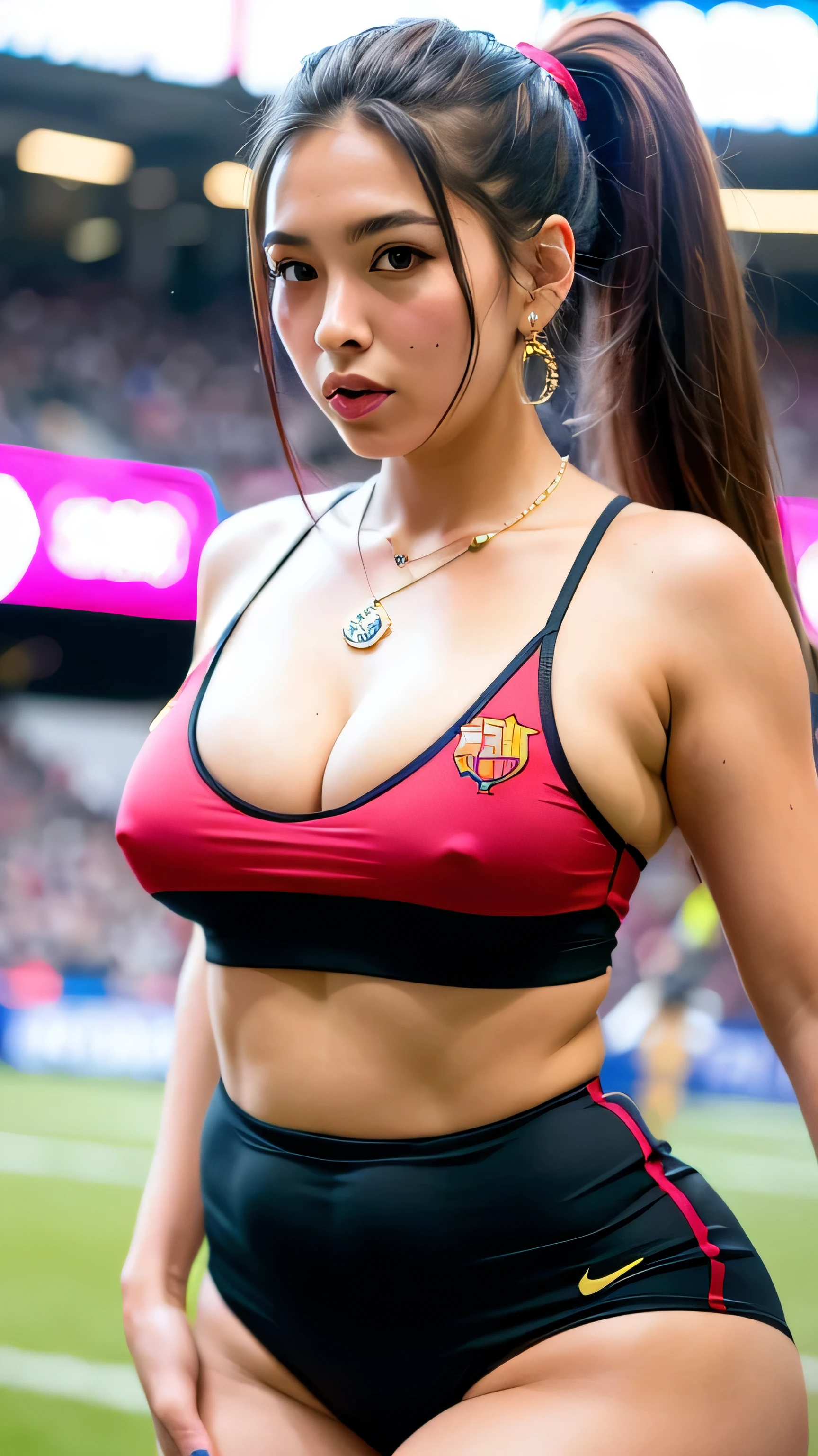 1girl, long hair, ponytail, barcelona football kit, earrings, jewelry, big breasts, (curvy), professional make-up, necklace, football stadium vacation, (cyberpunk), colorful, dynamic light, dynamic angle