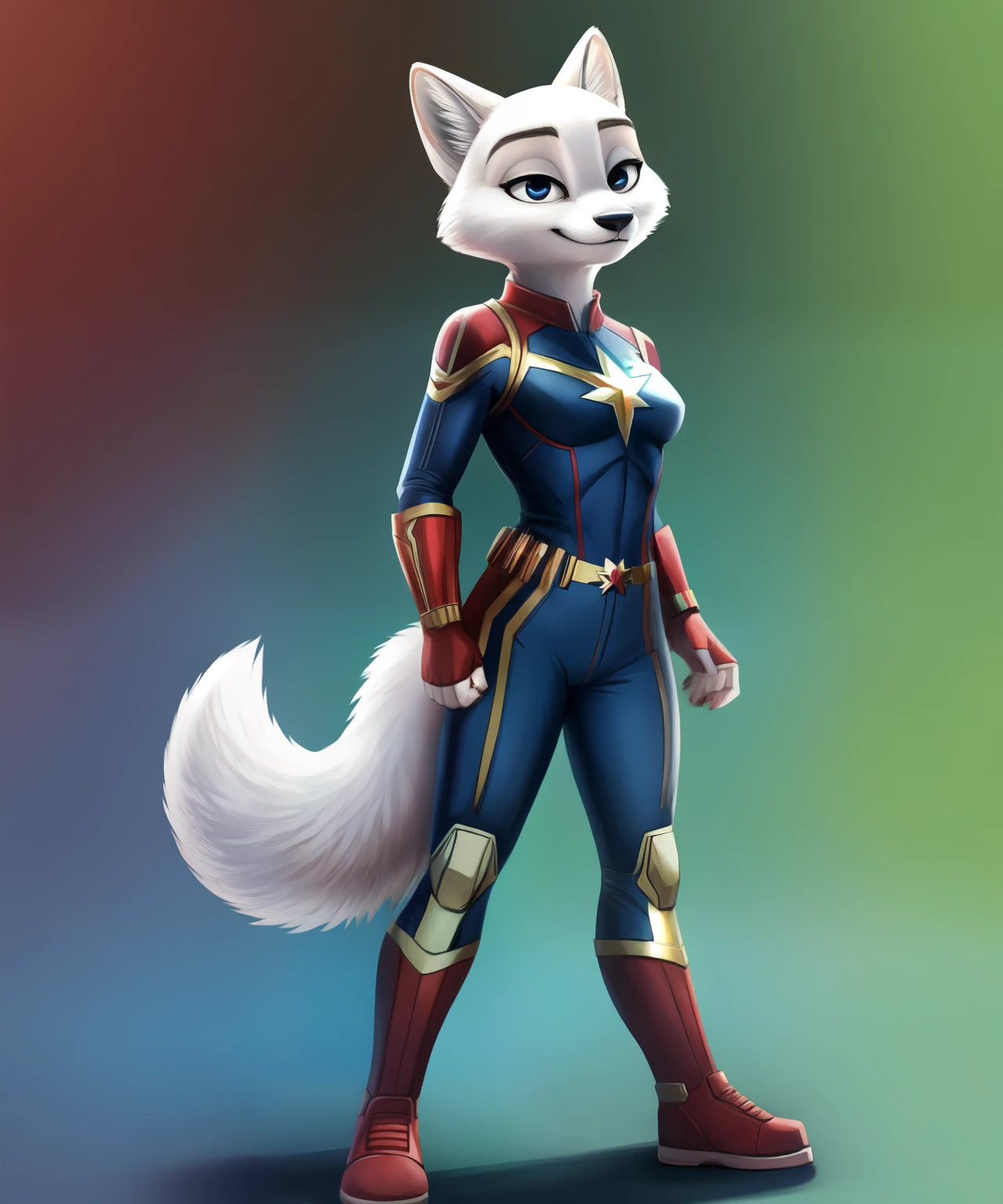 Captain Marvel as an female Arctic fox, Zootopia style, full body