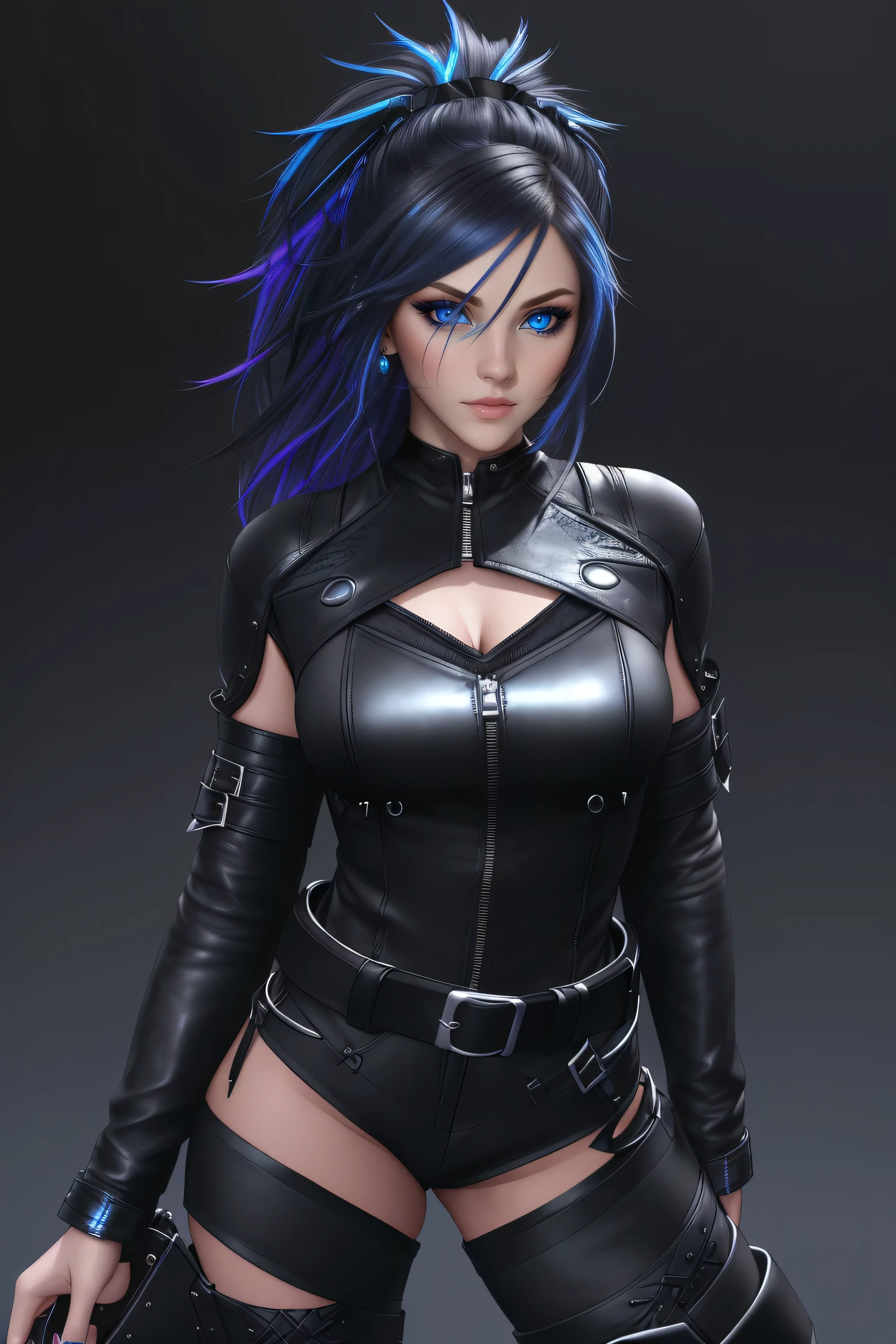 beautiful girl, full body, bright blue neon streaked dishevelled hair, ((large light realistic detailed eyes:1.3)), ((seductive pose:1.5)), black eyeshadow, (street style wear:1.2), ((tight fitted short skirt)), ((thigh high leather boots:1.3)), dark makeup, digital art, trending on artstation, highly detailed, fine detail, intricate, Cinematic light, high-res, detailed facial features, sharp focus, smooth, aesthetic, ((dark plain black background:1.4))