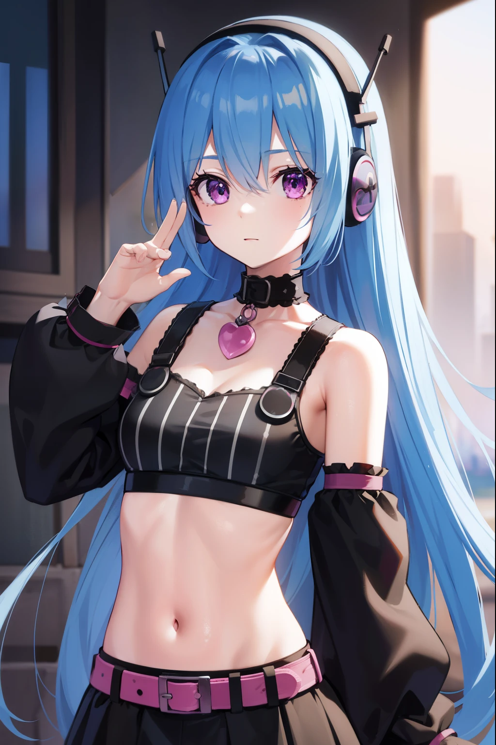 5pb, 5pb, blue hair, (purple eyes:1.1), long hair, (parted bangs:1.5), (small breasts:1.2),
BREAK headphones, midriff, skirt, tattoo, black skirt, choker, belt, pink belt, bracelet, heart, heart necklace, musical note, musical note print, sleeveless, sleeveless dress, frills, frilled skirt,
BREAK looking at viewer, upper body, fully body,
BREAK outdoors,
BREAK (masterpiece:1.2), best quality, high resolution, unity 8k wallpaper, (illustration:0.8), (beautiful detailed eyes:1.6), extremely detailed face, perfect lighting, extremely detailed CG, (perfect hands, perfect anatomy),