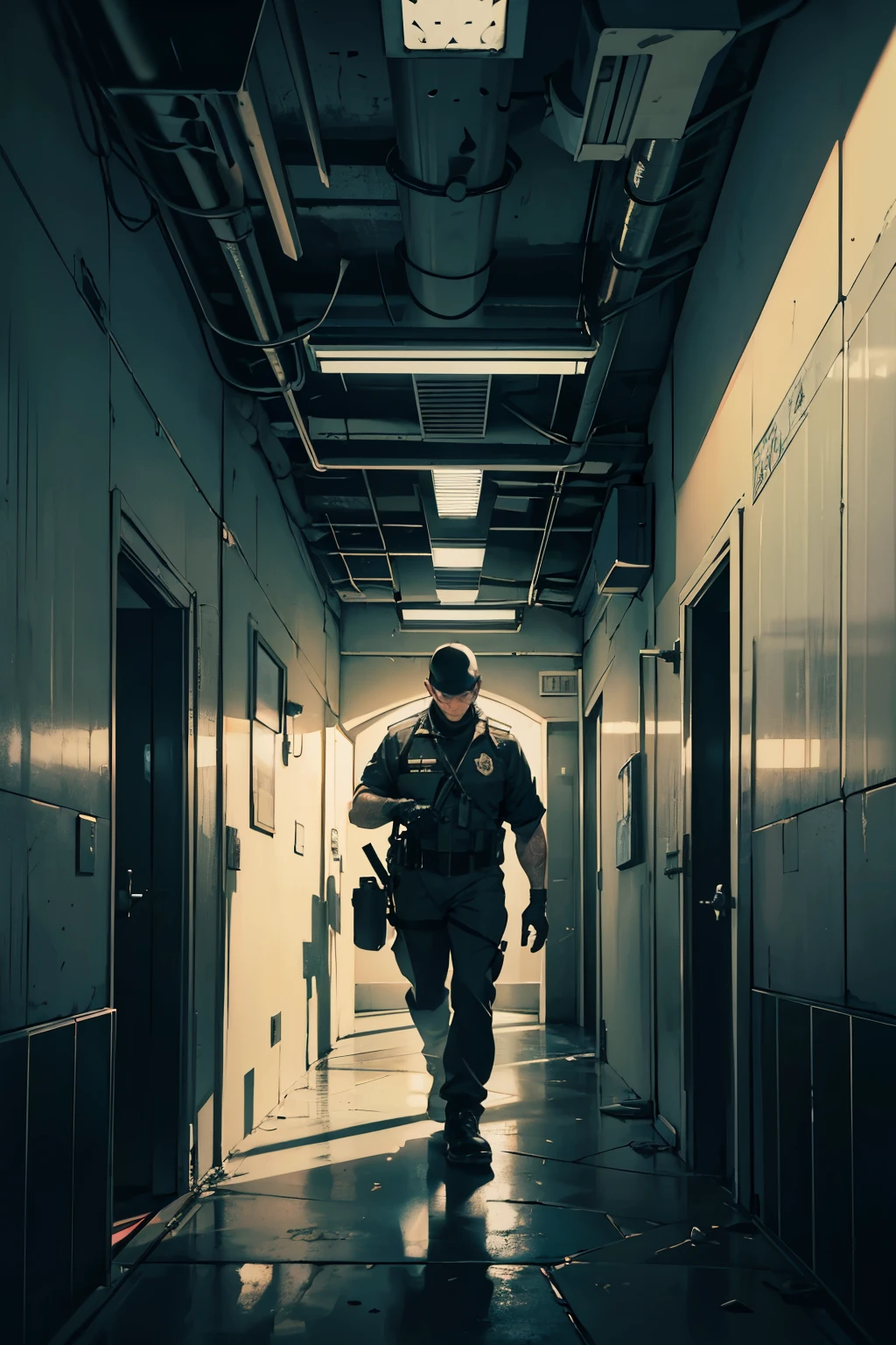 (best quality,4k,8k,highres,masterpiece:1.2),ultra-detailed,realistic,cell corridor with guards patrolling,grim atmosphere,low-key lighting,surveillance cameras,heavy metal doors,cold concrete walls,echoing footsteps,security uniforms,ominous silence,heavy breathing,night shift guard,flashlight beam,metal keys jingling,muted color palette,panoptic architecture,sharp shadows,motion sensor alarms,menacing presence,strict discipline,sterile environment,discarded prison bars,steel gates,routine inspections,muted footsteps,barred windows,restricted access,watchful eyes,secured access control,prison surveillance,cold air conditioning,hushed whispers,distorted voices,hidden secrets,dimly lit corridors,watchtower overlooking the corridor,prisoner graffiti