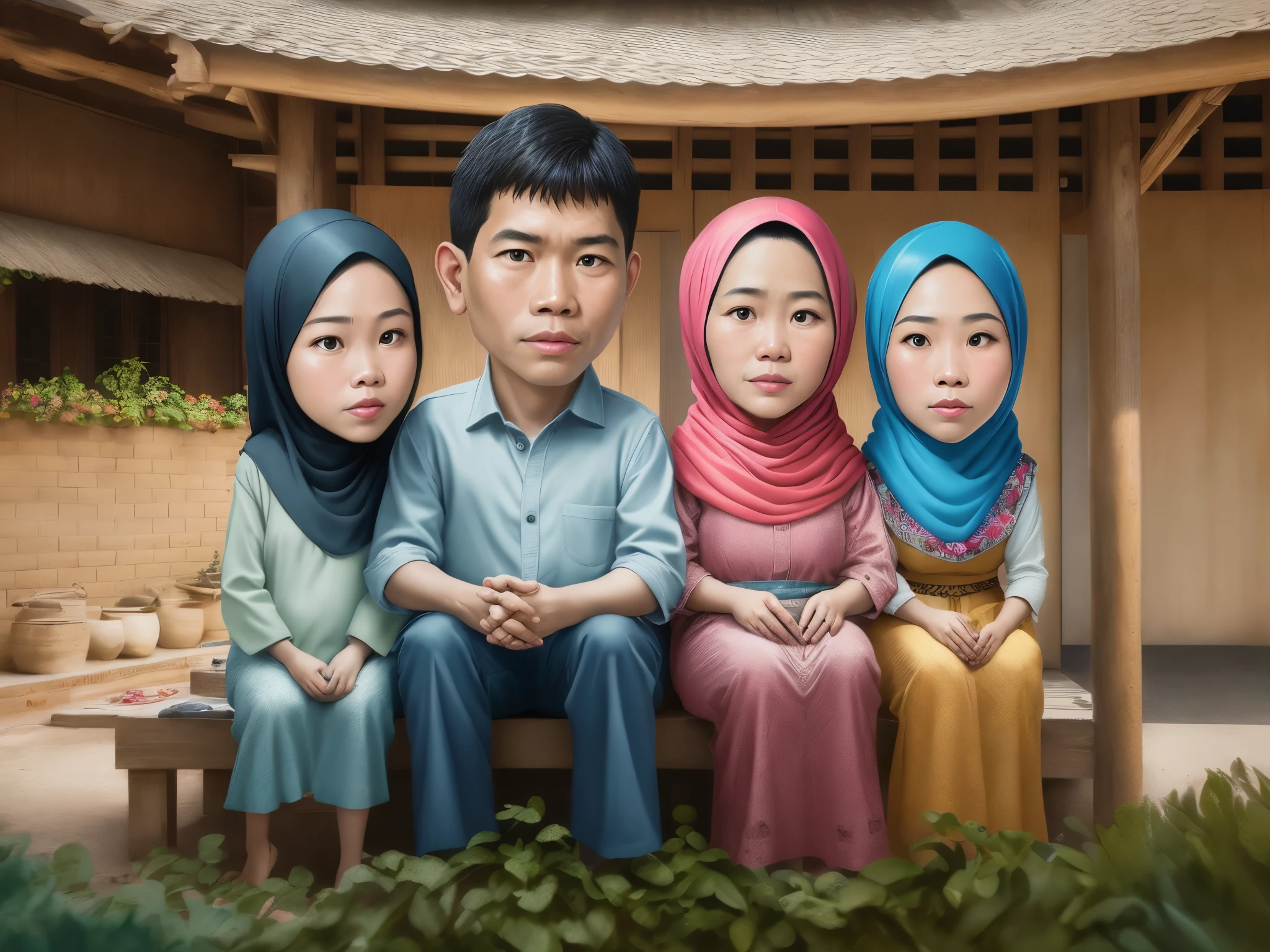 there are three people Sitting in front of the house, an indonesian family portrait, happy family, potrait, Indonesian family, family portrait, caricature illustration, in cartoon style, full protrait, caricature, cartoon digital painting, realism art, digital art cartoon, portrait picture, cartoon art, traditional portrait, cartoon digital art, portrait caricature, detail, hyperrealism, 8k, high contrast, high color saturation, high definition, full ultra hd detail, realistic image