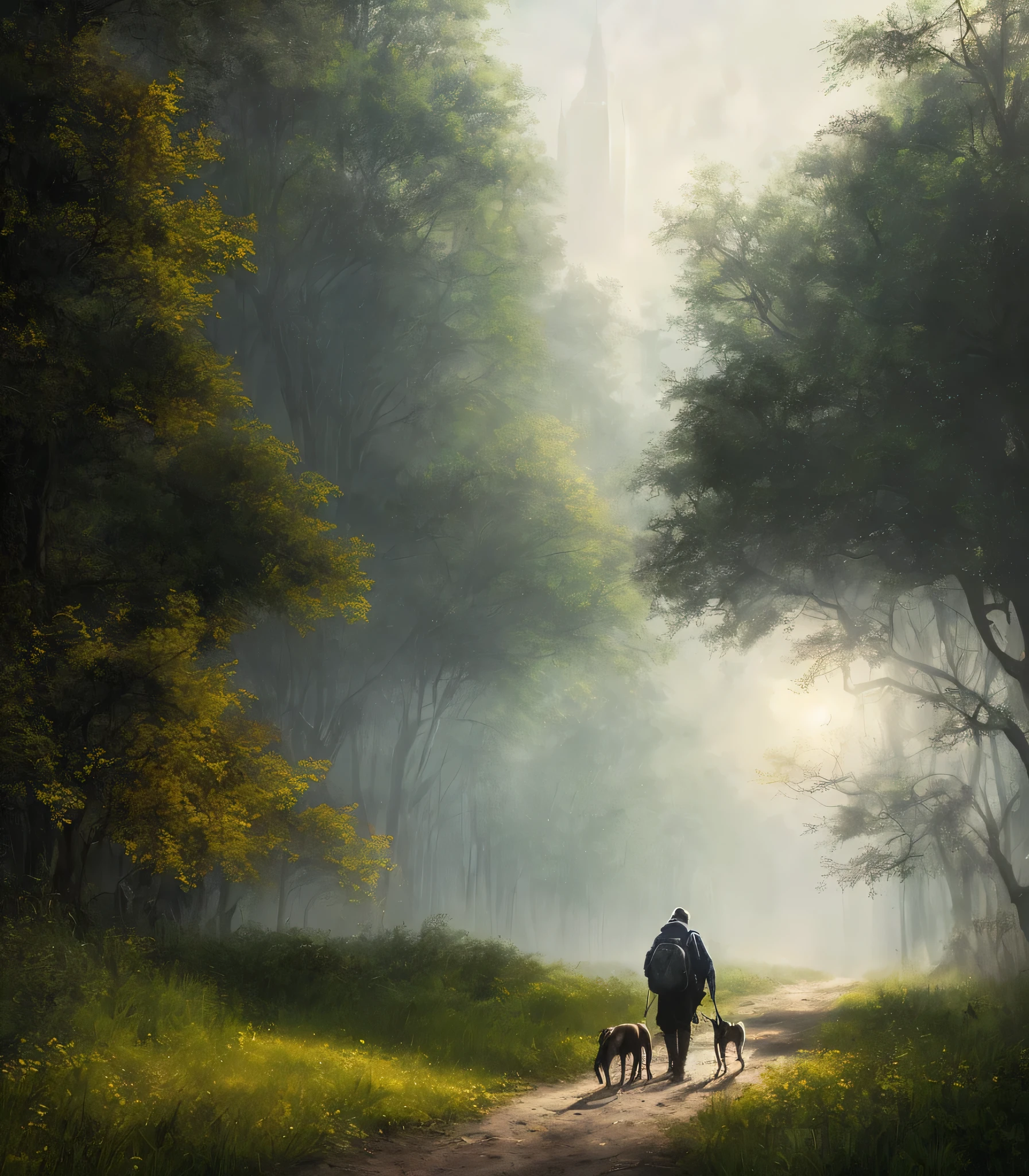 (masterpiece) RAW highly detailed, a man with a post-apocalyptic dog with a backpack is walking down a clear alley in a leafy and long forest, at the end of the way a strong white light shaped ball, hassanfantasy style, by Jeremy Mann and Donato Giancola ultra realistic highly detailed intricate photorealistic