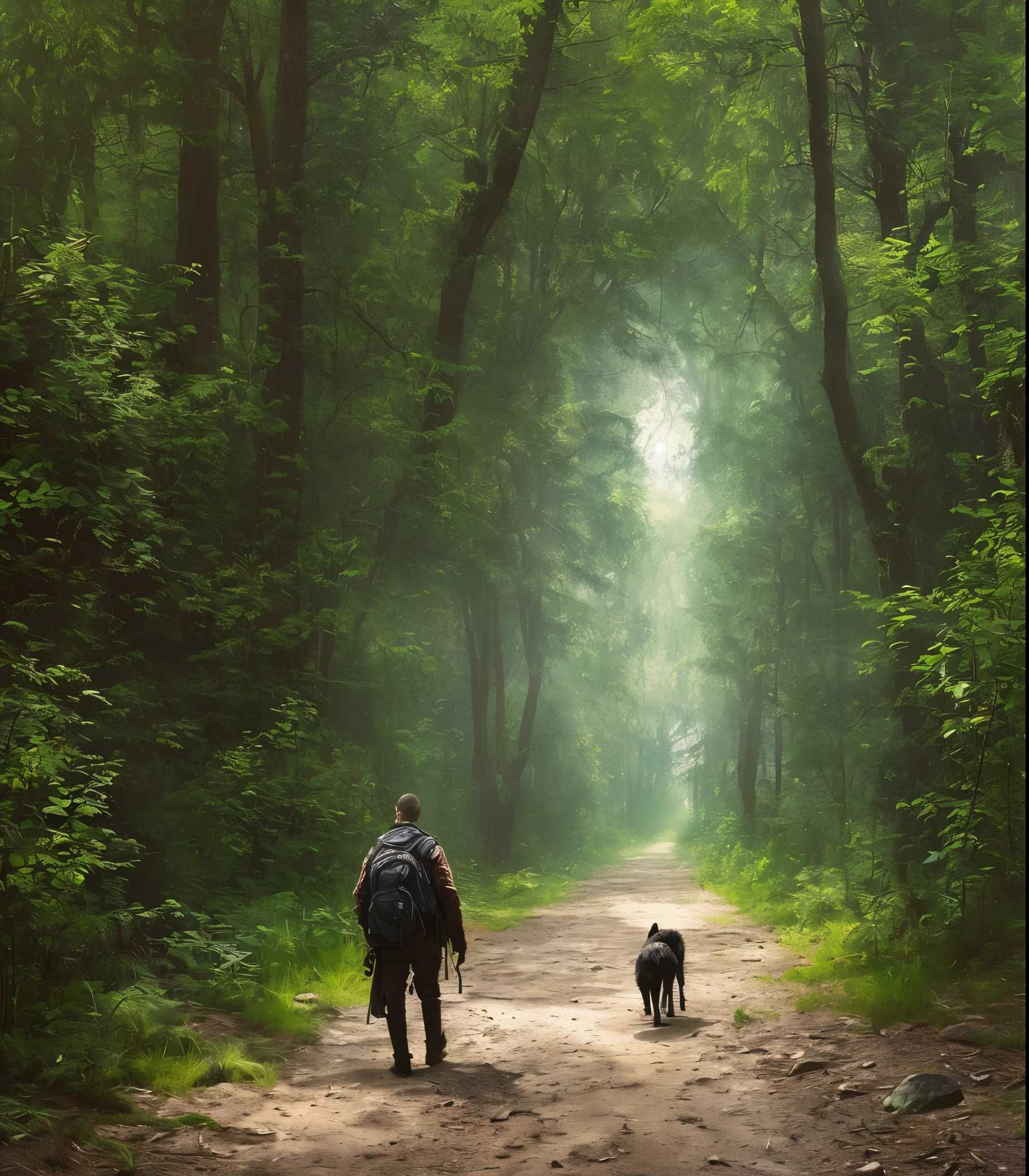 (masterpiece) RAW highly detailed, a man with a post-apocalyptic dog with a backpack is walking down a clear alley in a leafy and long forest, at the end of the way a strong white light shaped ball, hassanfantasy style, by Jeremy Mann and Donato Giancola ultra realistic highly detailed intricate photorealistic