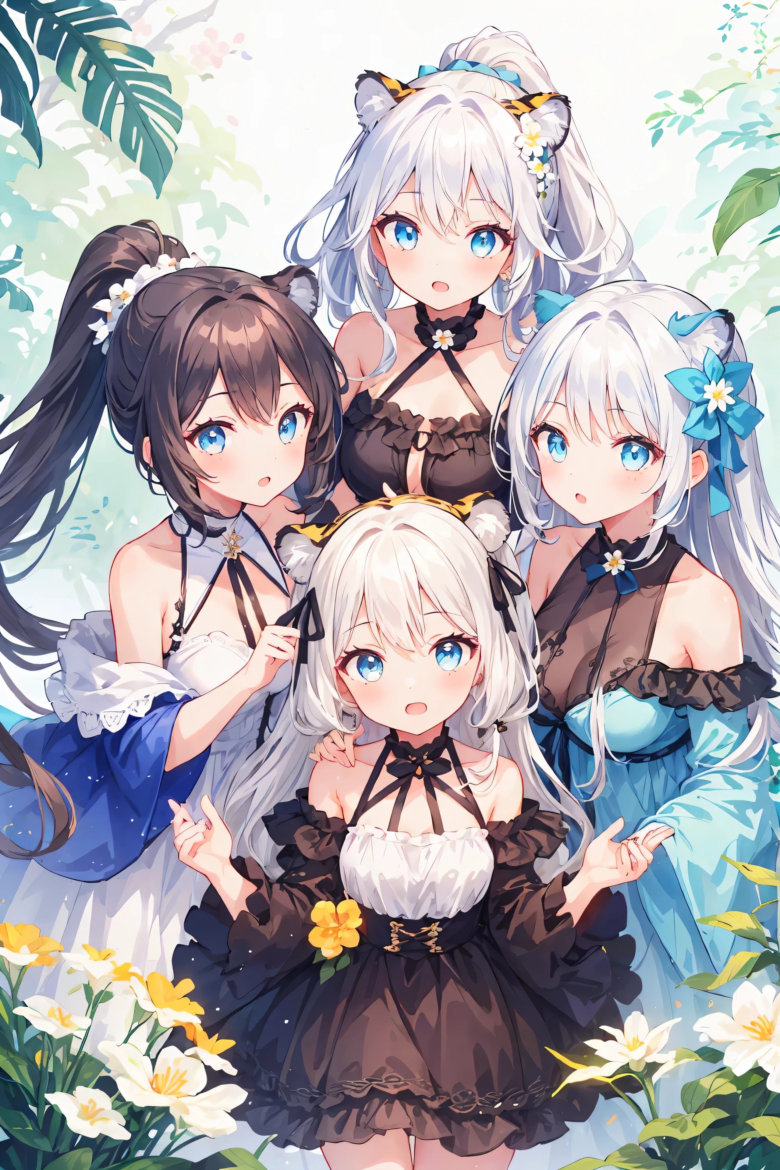 4+ Filles, Jeune femelle, Attirant, cheveux blancs, Cheveux longs, off shoulder, oeil bleu clair, flower on head, queue de cheval, tiger theme