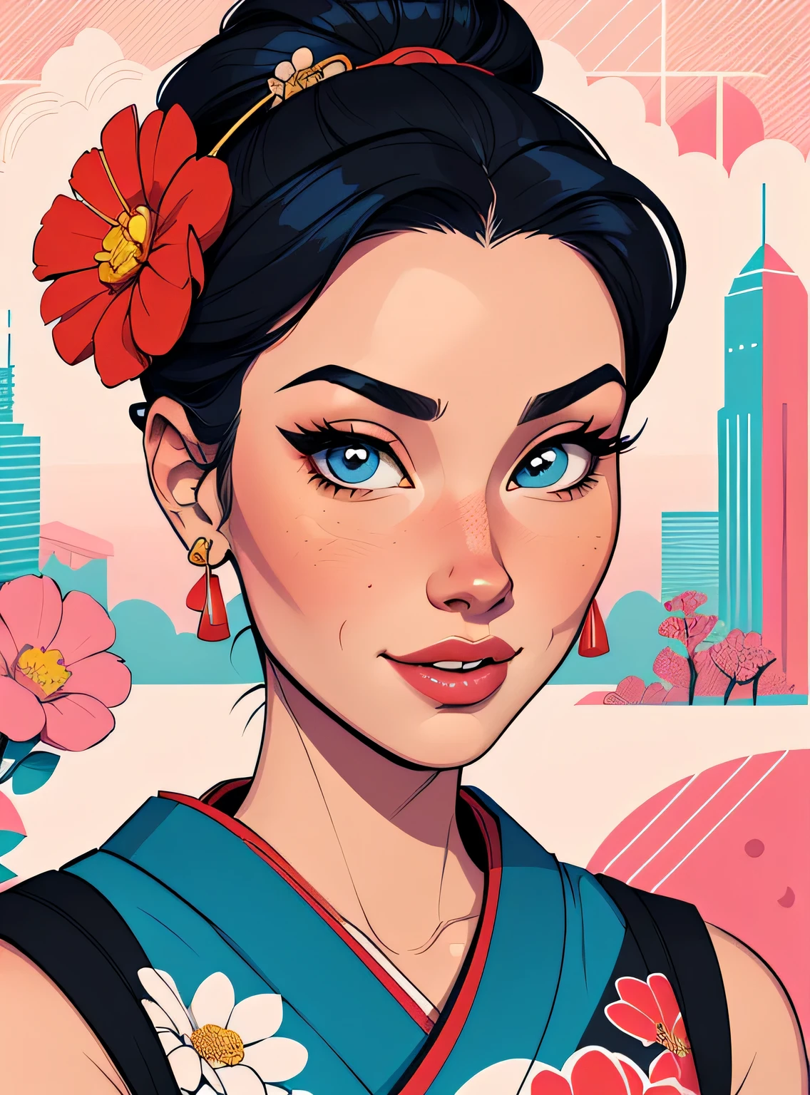 (estilo de desenho animado:1.2), Imagem de desenho animado de uma gueixa e flores, garota funky super fofa, cartoon style illustration, estilo de arte dos desenhos animados, estilo de arte dos desenhos animados, digital illustration style, design de personagens altamente detalhado, arte digital detalhada fofa, City Girl Fan Art, design de personagem retrato, beautiful digital illustration, retrato de alta qualidade, arte em quadrinhos, retrato do design do personagem, fundo floral
