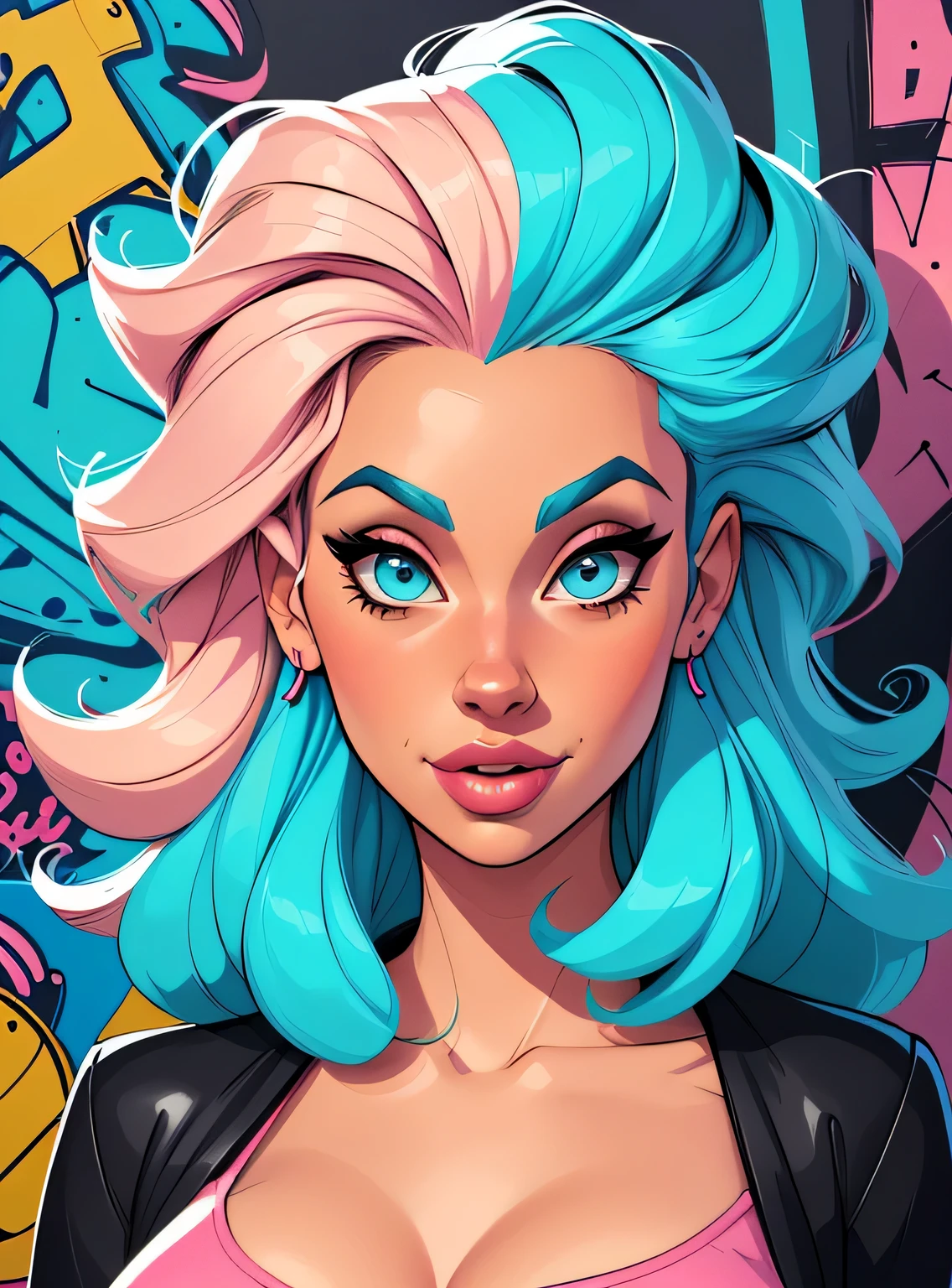 (estilo de desenho animado:1.2), Imagem de desenho animado de uma mulher com cabelo grande, roupas de rua hip hop , garota funky super fofa, cartoon style illustration, estilo de arte dos desenhos animados, estilo de arte dos desenhos animados, digital illustration style, design de personagens altamente detalhado, arte digital detalhada fofa, City Girl Fan Art, design de personagem retrato, beautiful digital illustration, retrato de alta qualidade, arte em quadrinhos, retrato do design do personagem, fundo do graffiti