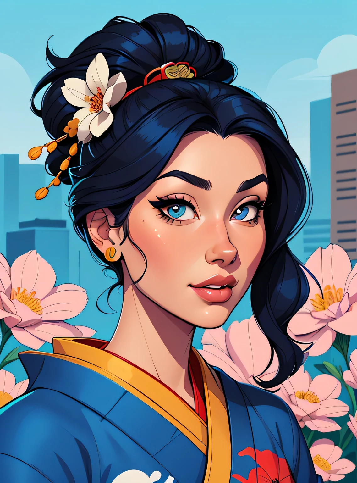 (estilo de desenho animado:1.2), Imagem de desenho animado de uma gueixa e flores, garota funky super fofa, cartoon style illustration, estilo de arte dos desenhos animados, estilo de arte dos desenhos animados, digital illustration style, design de personagens altamente detalhado, arte digital detalhada fofa, City Girl Fan Art, design de personagem retrato, beautiful digital illustration, retrato de alta qualidade, arte em quadrinhos, retrato do design do personagem, fundo azul