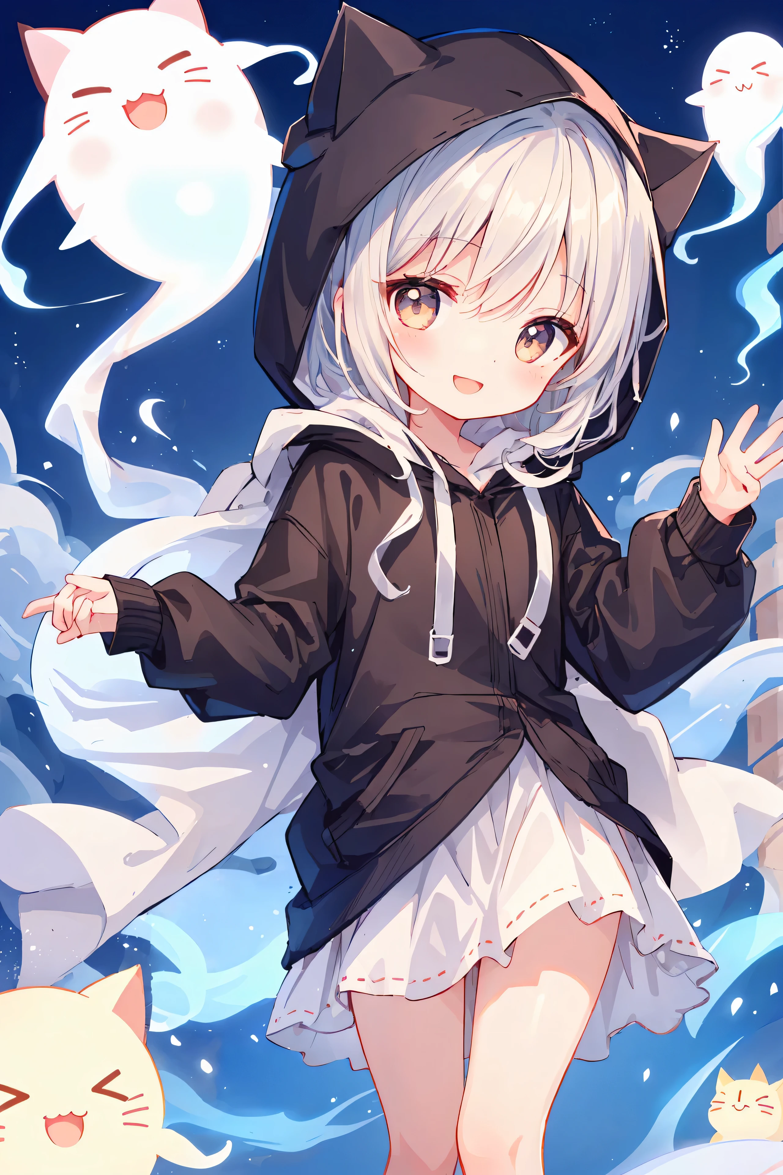 1 chat, manteau blanc, Souriant, ((chat brillant)yeux marrons, capuche, pas d&#39;pupils, Chibi, Wraith, manches longues, heureux, mignon, Adorable