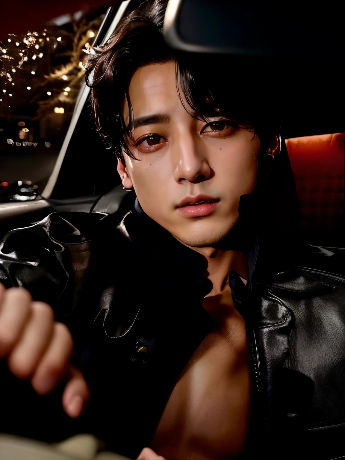 Homem de jaqueta de couro sentado em um carro, Jungkook, Jungkook Jeon, Jeon Jungkook, Jeon Jungkook, brilhante da chuva, sfw, Jungkook Jeon, Jungkook, de perto, Jungkook Jeon, taken at the beginning of 2020, cute japanese demon boy, que, de mim, photoshoot