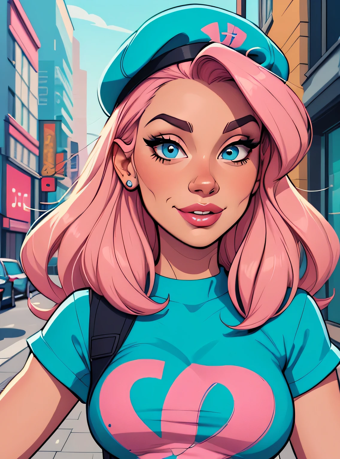 (estilo de desenho animado:1.2), Imagem de desenho animado de uma mulher com cabelo rosa, cap, roupas de rua hip hop , garota funky super fofa, cartoon style illustration, estilo de arte dos desenhos animados, estilo de arte dos desenhos animados, digital illustration style, design de personagens altamente detalhado, arte digital detalhada fofa, City Girl Fan Art, design de personagem retrato, beautiful digital illustration, retrato de alta qualidade, arte em quadrinhos, retrato do design do personagem, fundo do graffiti