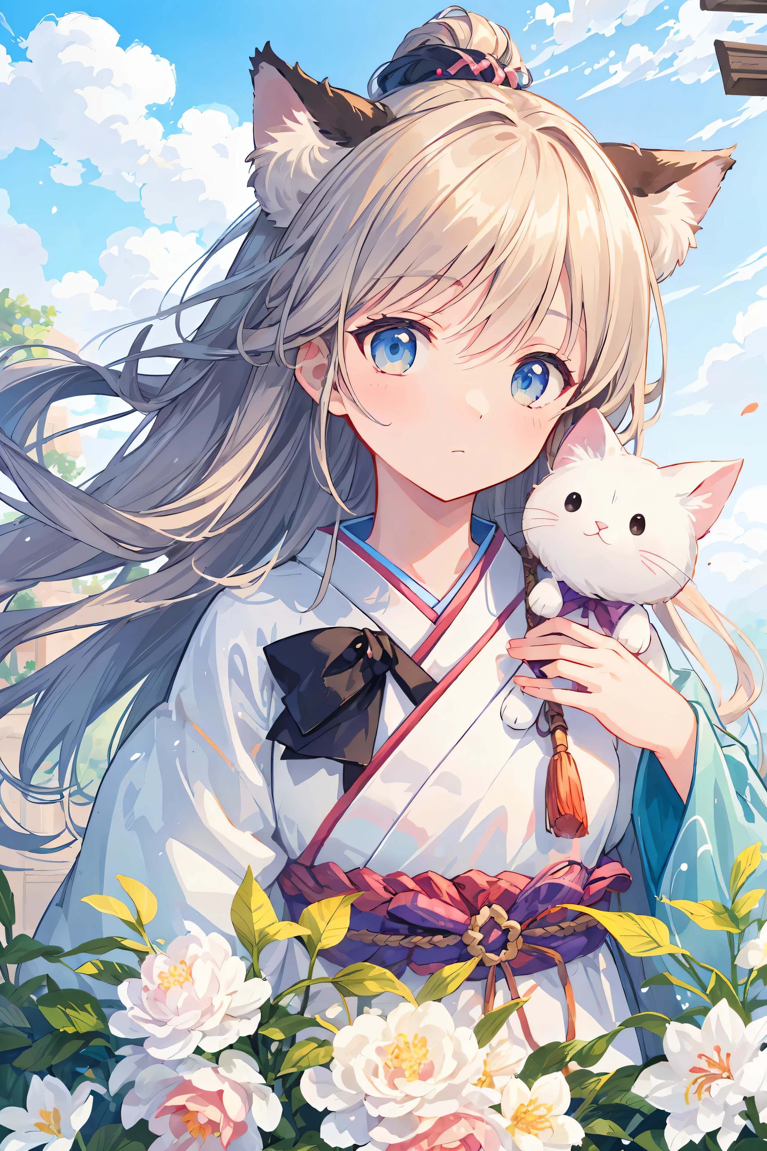 joli chat fantoche blanc, Hayao Miyazaki Style de rêve, illustration animale surréaliste, Extérieur, ciel, nuages blancs, arc, fleurs, art Meiji, peinture de couleur claire, couches riches, peinture figurative réaliste, style de portrait réaliste et hyper détaillé, Japon néo-traditionnel, Bords doux, illustration fantastique, (Fond d'écran CG Unity 8K très détaillé), fond propre, lumière naturelle, meilleure qualité, hyperdétail