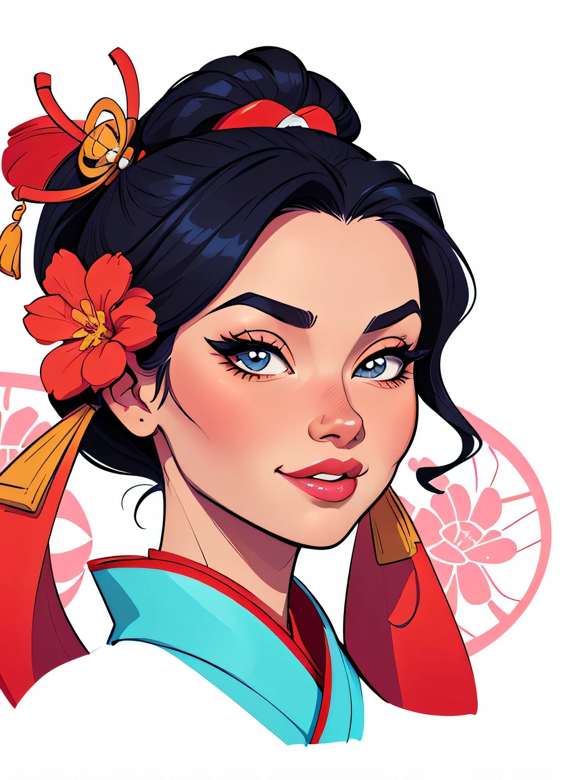 (estilo de desenho animado:1.2), Imagem de desenho animado de uma gueixa e flores, garota funky super fofa, cartoon style illustration, estilo de arte dos desenhos animados, estilo de arte dos desenhos animados, digital illustration style, design de personagens altamente detalhado, arte digital detalhada fofa, City Girl Fan Art, design de personagem retrato, beautiful digital illustration, retrato de alta qualidade, arte em quadrinhos, retrato do design do personagem, fundo branco