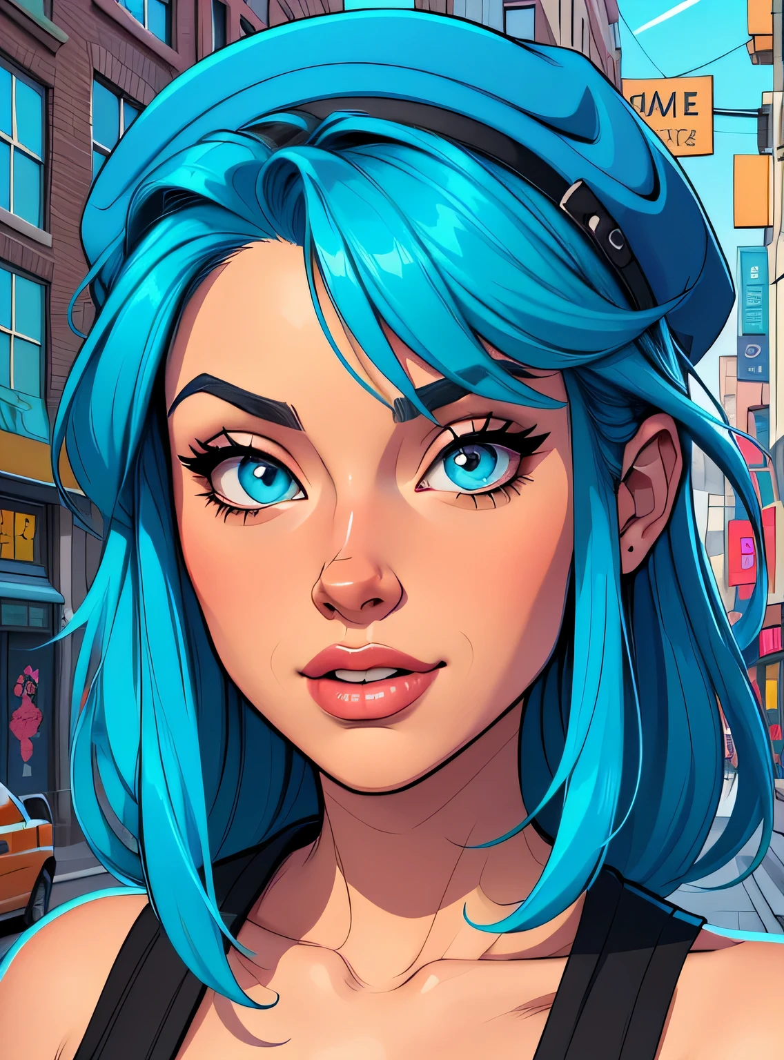 (estilo de desenho animado:1.2), Imagem de desenho animado de uma mulher com cabelo azul, cap, roupas de rua hip hop , garota funky super fofa, cartoon style illustration, estilo de arte dos desenhos animados, estilo de arte dos desenhos animados, digital illustration style, design de personagens altamente detalhado, arte digital detalhada fofa, City Girl Fan Art, design de personagem retrato, beautiful digital illustration, retrato de alta qualidade, arte em quadrinhos, retrato do design do personagem, fundo do graffiti