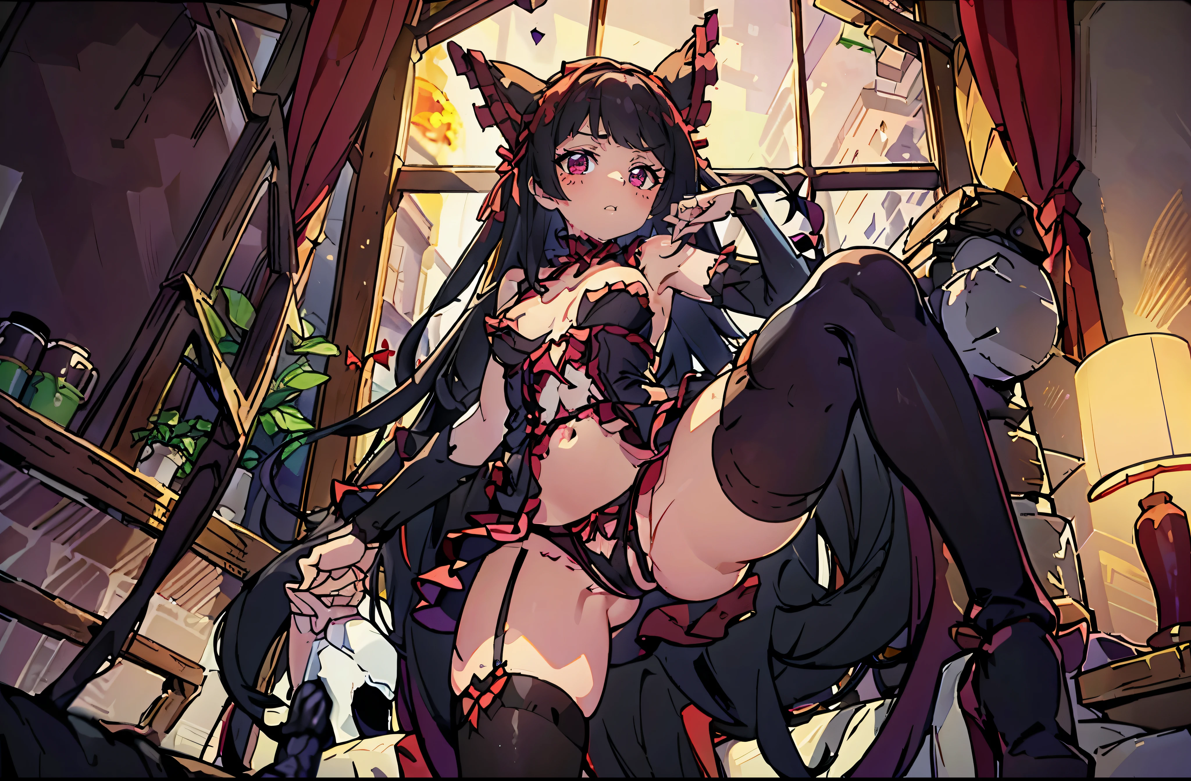 ((solo girl)), ((Rory_Mercury)), ((in a dimly lit bedroom:1.4)), ((night time:1.3)), ((black hair)), ((standing in front of a bed)), (front view), ((fully naked)), ((in sexy black and red lingerie)), ((garterbelt)), ((perfect nipples)), ((crotch exposed)), ((pussy exposed)), ((nsfw)), ((evil smile)), (angry eyebrows), ((from below:1.45)), ((small breast size:1.7)), ((naked breasts)), ((fullbody)), (detailed glimmering eyes), ((sexy mature body)), ((detailed face)), ((detailed masterpiece)), ((subject in the center)), ((various sexy poses)), ((symmetrical))