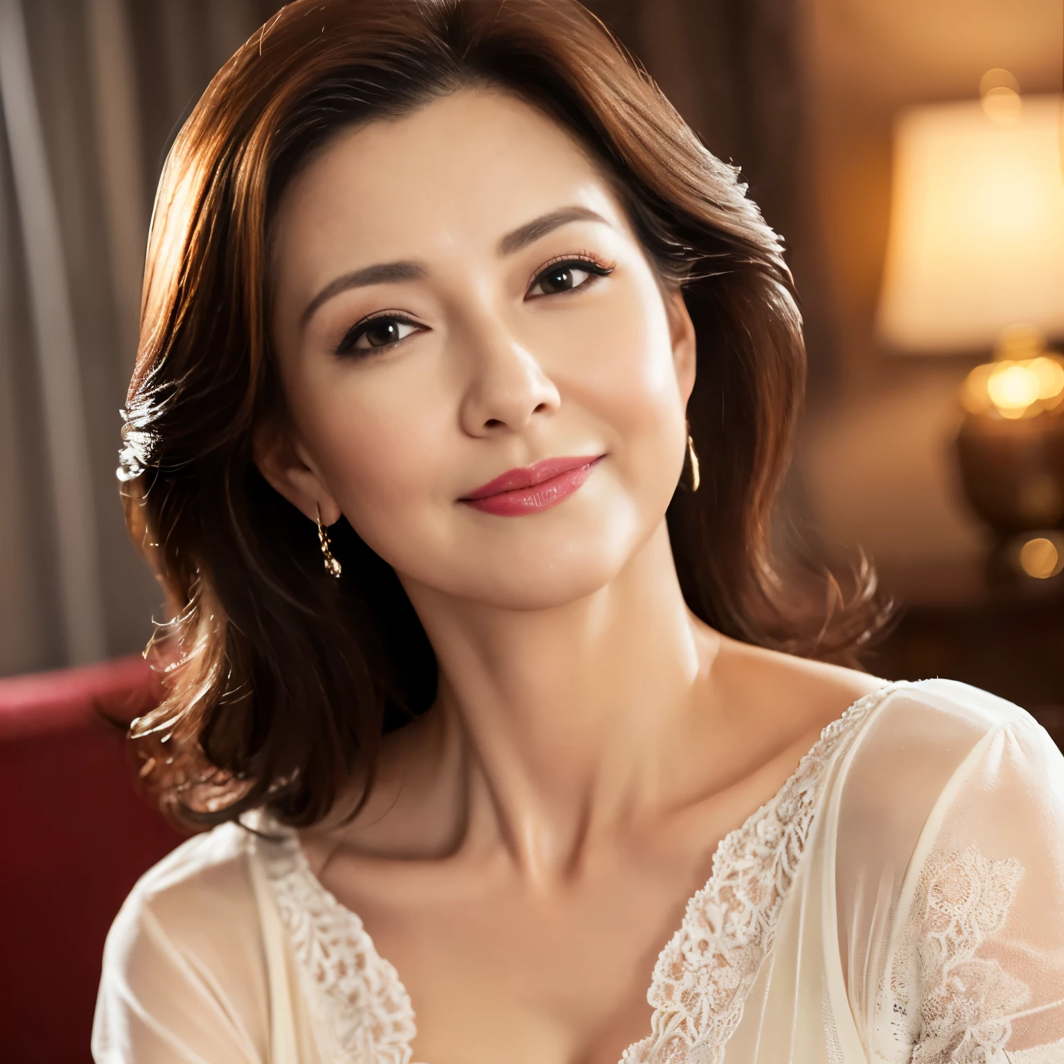 (highest quality、table top、8K、best image quality), The most beautiful and elegant 45 year old mature woman、(Full body photo of a woman:1.1)、beautiful detailed face、standing gracefully in the bedroom、(transparent nightgown with lace decoration:1.2)、(clavicle)、A sad smile stares at me、(look at me perfectly:1.2)、perfect makeup、(Bewitching、shiny、A sexy mature woman)、cleavage、soft big breasts、(A perfect composition to express the most beautiful woman:1.3)、plump body、(Romantic and moody warm lighting:1.2)、lipstick、long eyelashes、perfect shiny beautiful lips、plump lips、Beautiful and classy eyeshadow The most beautiful and classy hairstyle、(accurate ???????:1.2)、blurred background