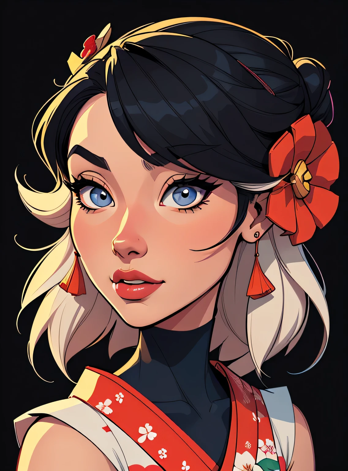 (estilo de desenho animado:1.2), Imagem de desenho animado de uma gueixa e flores, garota funky super fofa, cartoon style illustration, estilo de arte dos desenhos animados, estilo de arte dos desenhos animados, digital illustration style, design de personagens altamente detalhado, arte digital detalhada fofa, City Girl Fan Art, design de personagem retrato, beautiful digital illustration, retrato de alta qualidade, arte em quadrinhos, retrato do design do personagem, fundo preto