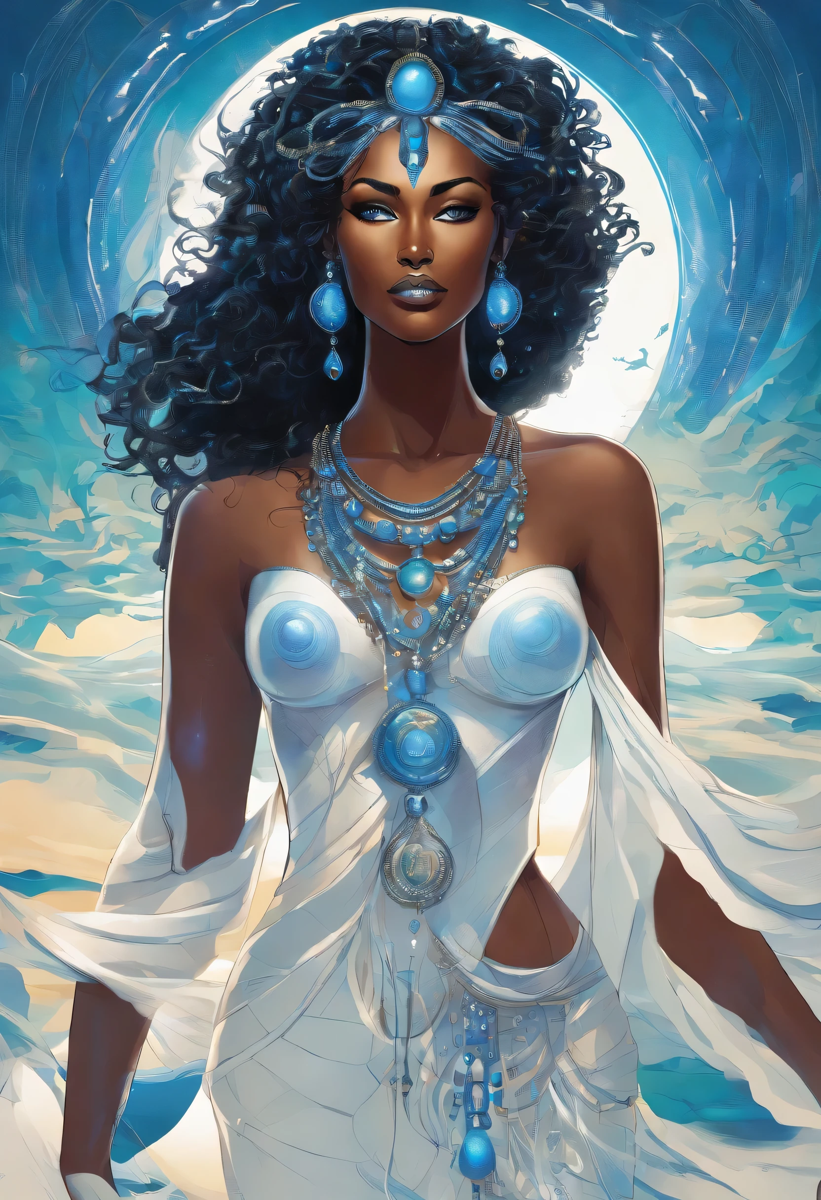 Yemanja, the orisha of salt waters, mother of all, is portrayed as a majestic black woman. Your skin glows with an ebony glow, reflecting the strength and serenity of the sea. it's long, cabelo preto ondulado flui como as ondas, adorned with pearls and shells. Seu profundo, olhos tranquilos espelham o azul do oceano. Vestida com roupas brancas e azuis, os tecidos fluidos que lembram a espuma do mar, she carries beaded necklaces, symbols of protection and motherhood.